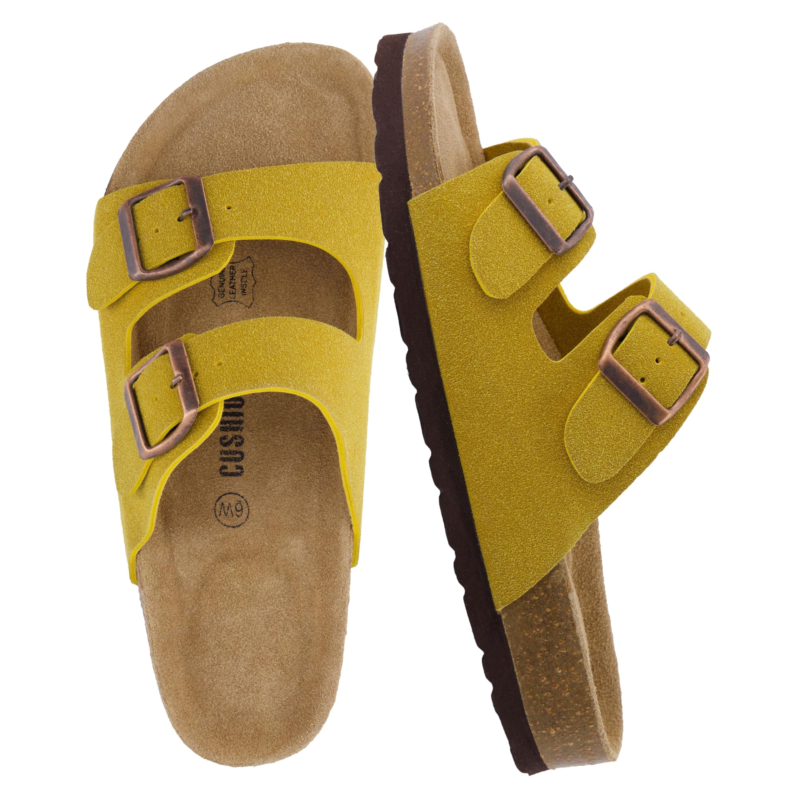 CUSHIONAIRE Lane Cork Footbed Sandals for Women – Comfortable Double Buckle Slip-On with Genuine Suede Footbed & Arch Support Slides for Women Footwear