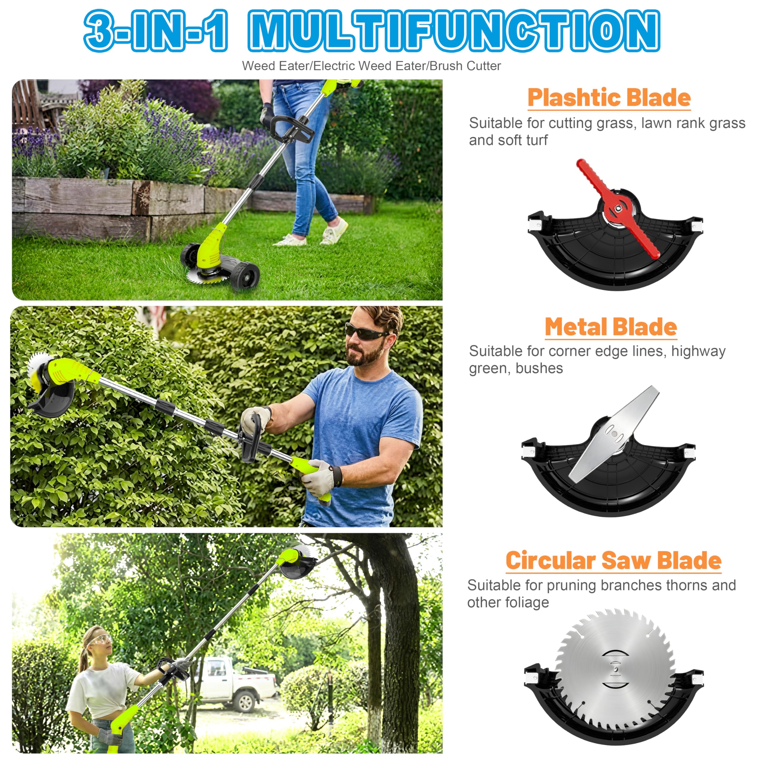 Aokia Electric Weed Wacker Cordless, 12V Battery Powered Weed Eater Cordless with Adjustable Pole (65inch), Lightweight Grass Trimmer Cutter/Edger/Mower with 2 Types Blade for Yard Lawn and Garden