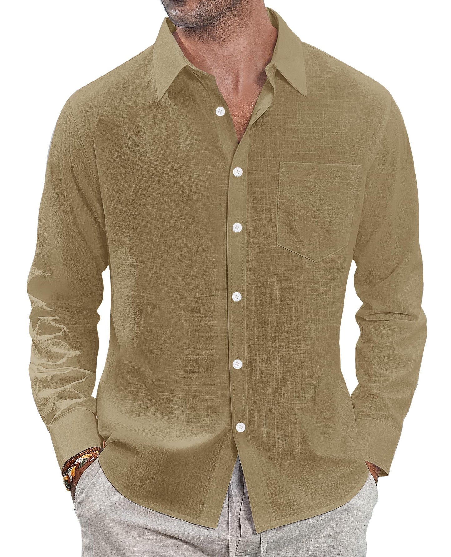 J.VER Men's Linen Shirts Casual Button Down Long Sleeve Shirt Solid Spread Collar Summer Beach Shirts with Pocket