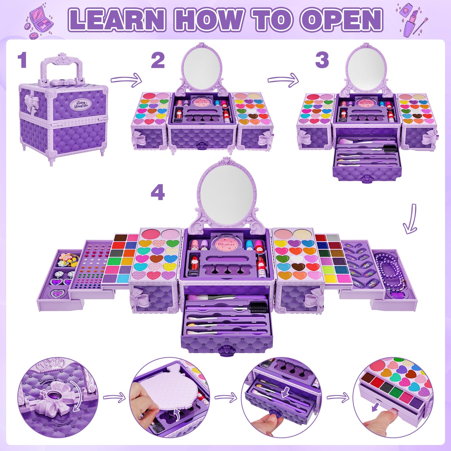 99 Pcs Kids Makeup Kit for Girls, Princess Toys Real Washable Cosmetics Set with Mirror