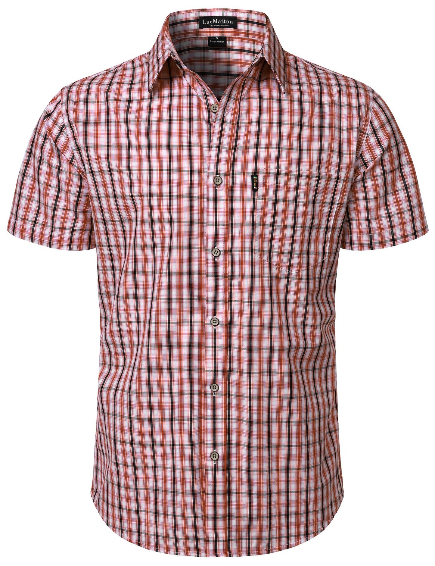 LucMatton Men's Gingham Short Sleeve Button Down Shirt Cotton Regular Fit Plaid Dress Shirts with Pocket