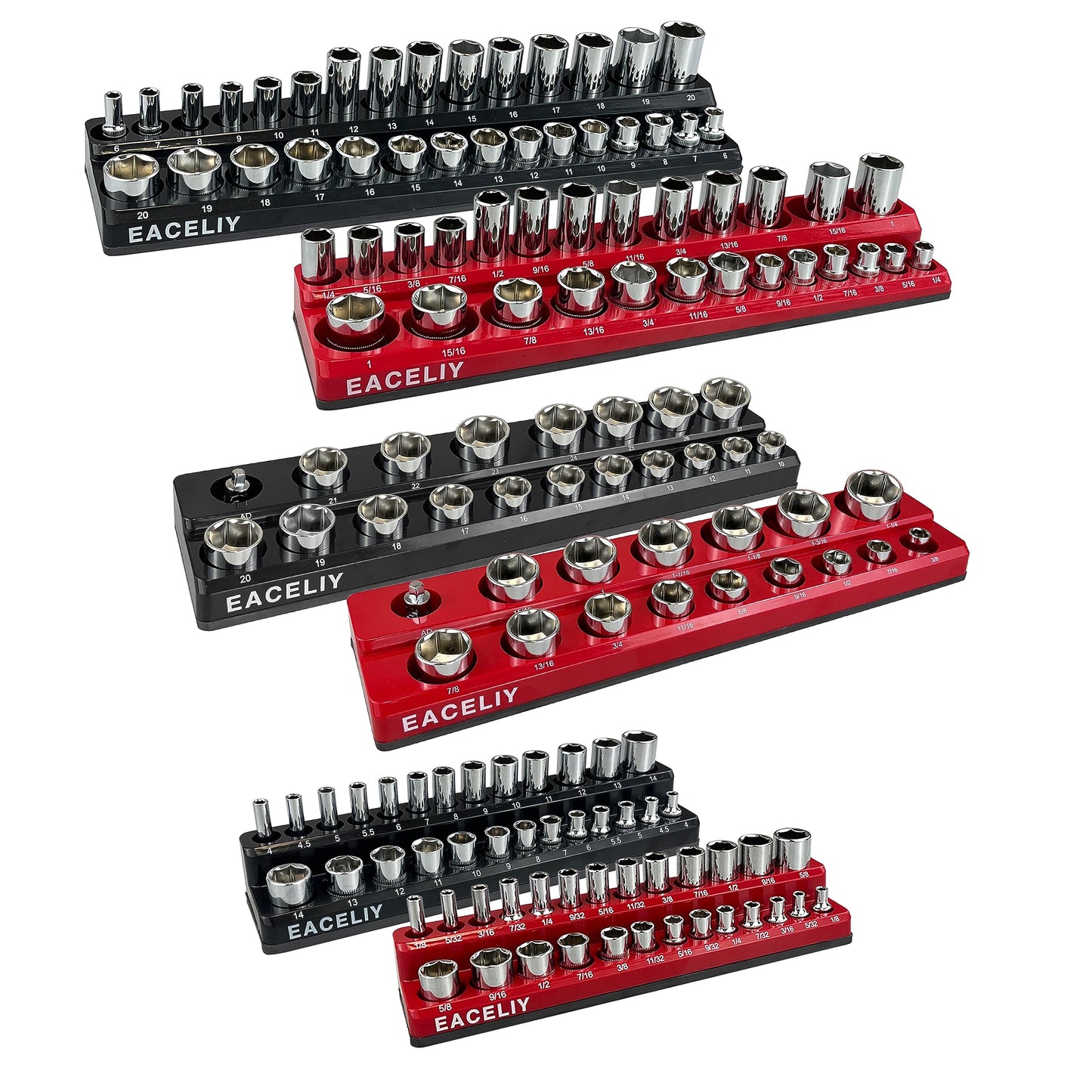 8Pcs Magnetic Socket Organizer Set, 1/2", 1/4" and 3/8" SAE & Metric Deep & Shallow Socket Holder Kit, Socket Trays,holds 199pcs Sockets (sockets not included)