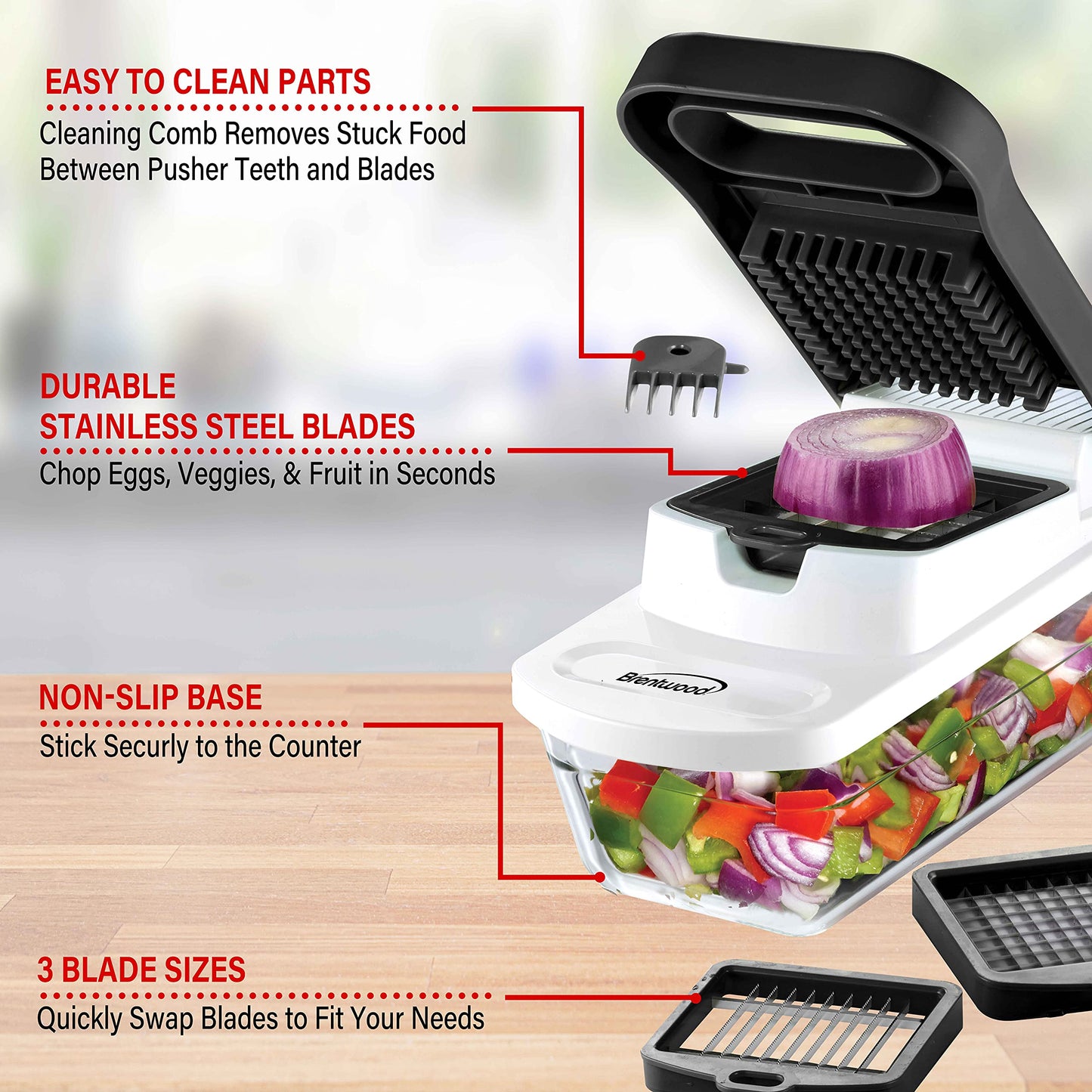 Brentwood Food Chopper and Vegetable Dicer with Storage Container and Stainless Steel Blades