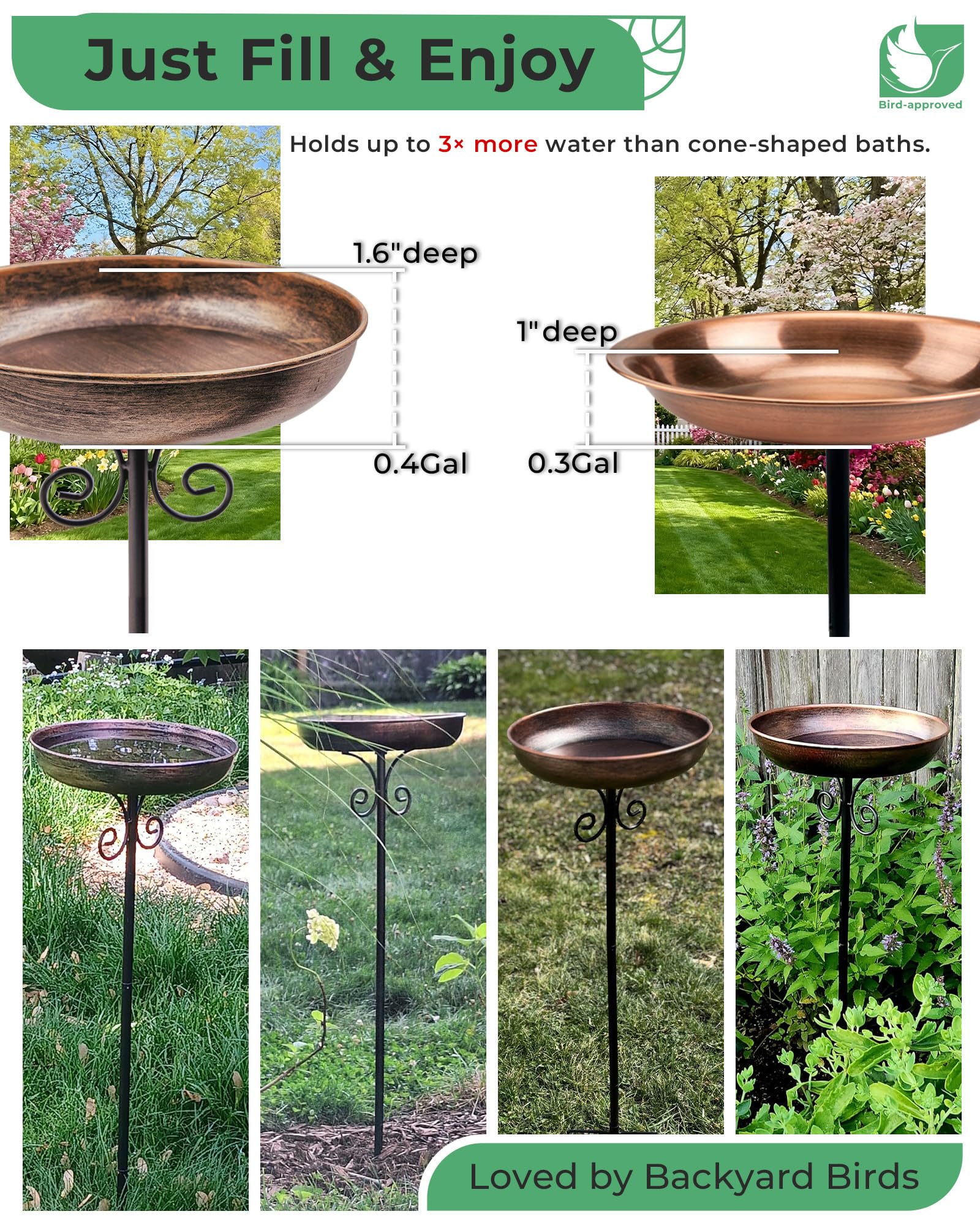 OUISJYER Small Metal Bird Bath for Outdoors, 10" Dia Bowl with Stake Birdbaths Garden Yard Lawn Decor 0.4 Gallon