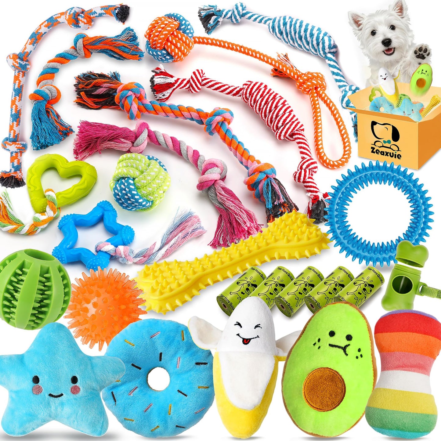 Zeaxuie Luxury Dog Chew Toys for Puppy, Dog Toys with Ropes, Treat Ball and Squeaky Puppy Toys for Teething Small Dogs