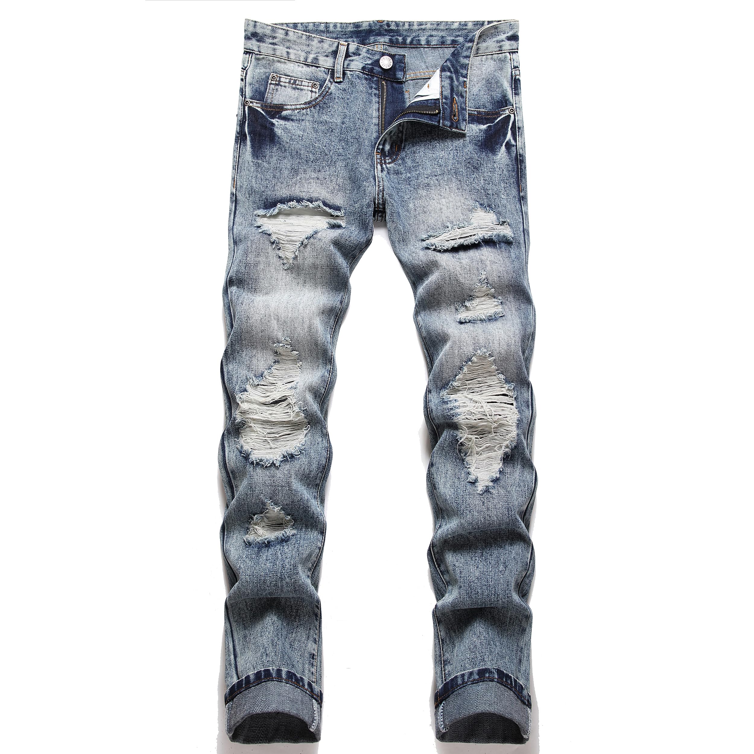 OIIIO Men's Ripped Slim Fit Straight Leg Jean Denim Pant