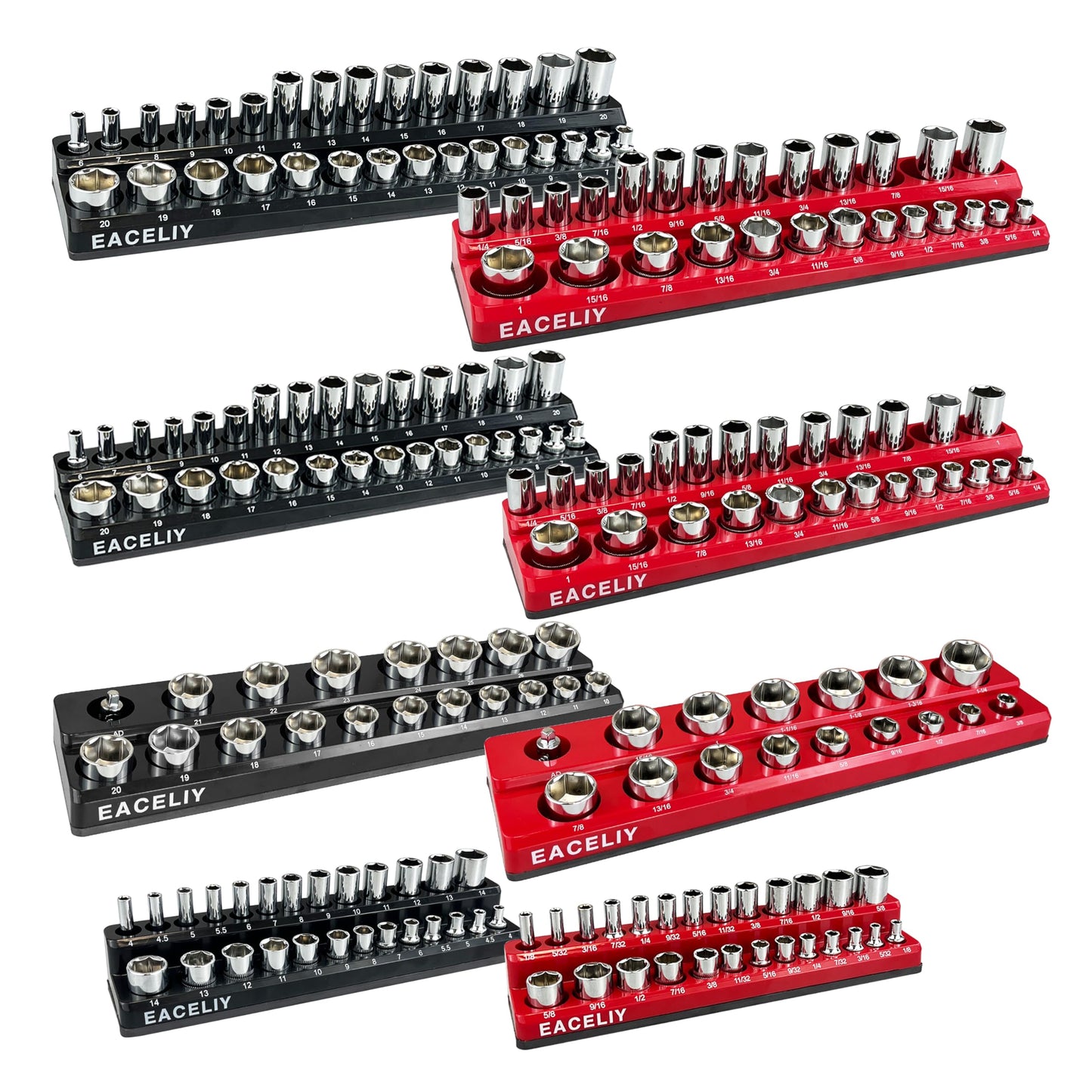 8Pcs Magnetic Socket Organizer Set, 1/2", 1/4" and 3/8" SAE & Metric Deep & Shallow Socket Holder Kit, Socket Trays,holds 199pcs Sockets (sockets not included)