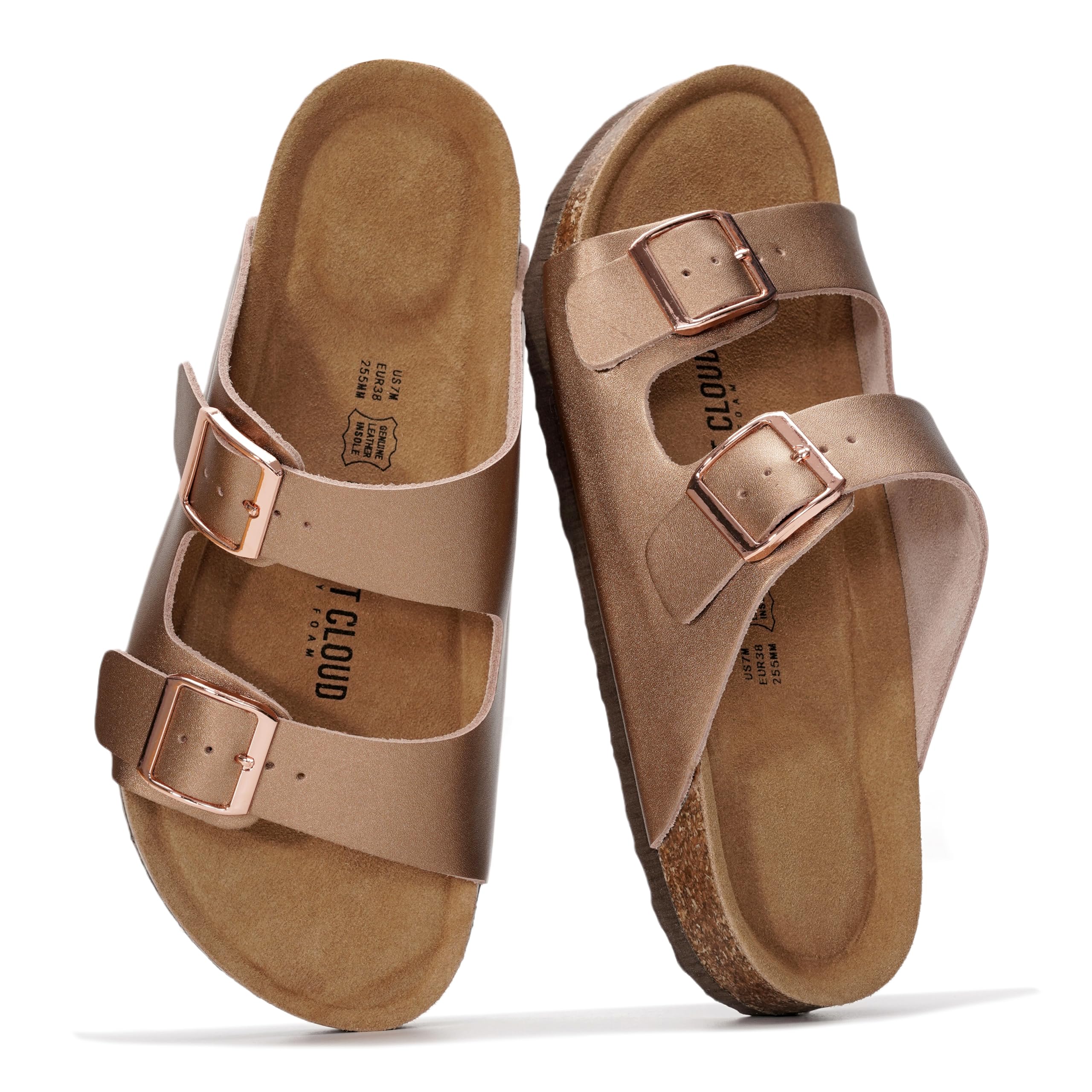 Project Cloud 100% Genuine Leather Flat Sandals For Women 2026 Cork Footbed Womens Sandals with Memory Foam and arch support Vacation Essentials Slides for Women Footwear (Venita)
