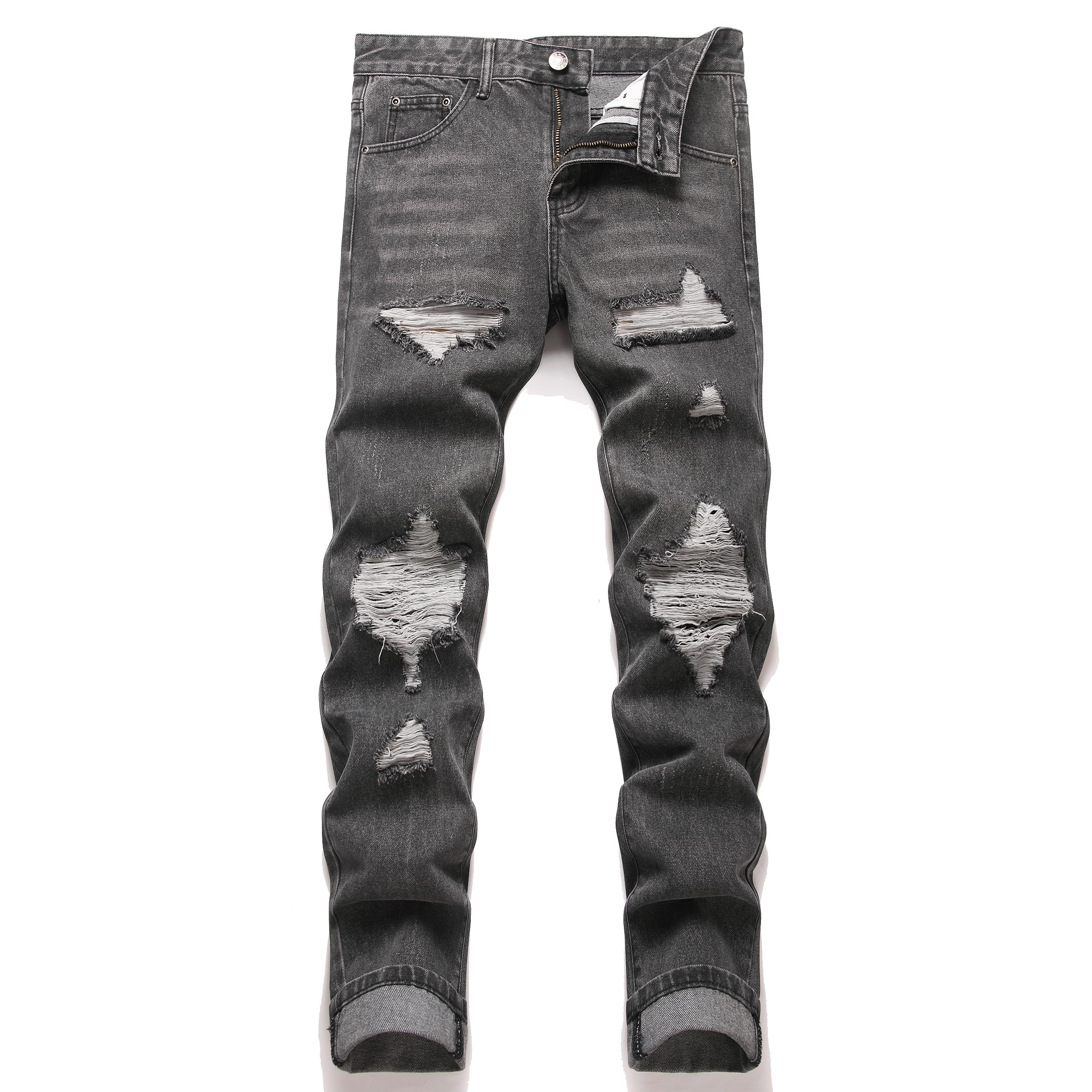 OIIIO Men's Ripped Slim Fit Straight Leg Jean Denim Pant