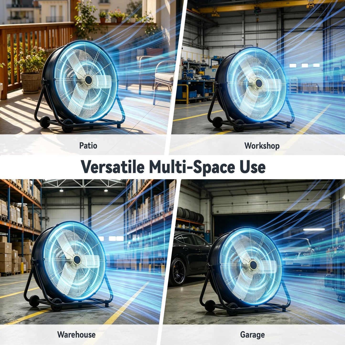 Tehanld High Velocity Industrial Drum Fan, 3-Speed Heavy Duty Metal Floor Fan with 360° Tilt for Garage, Workshop, Factory & Basement