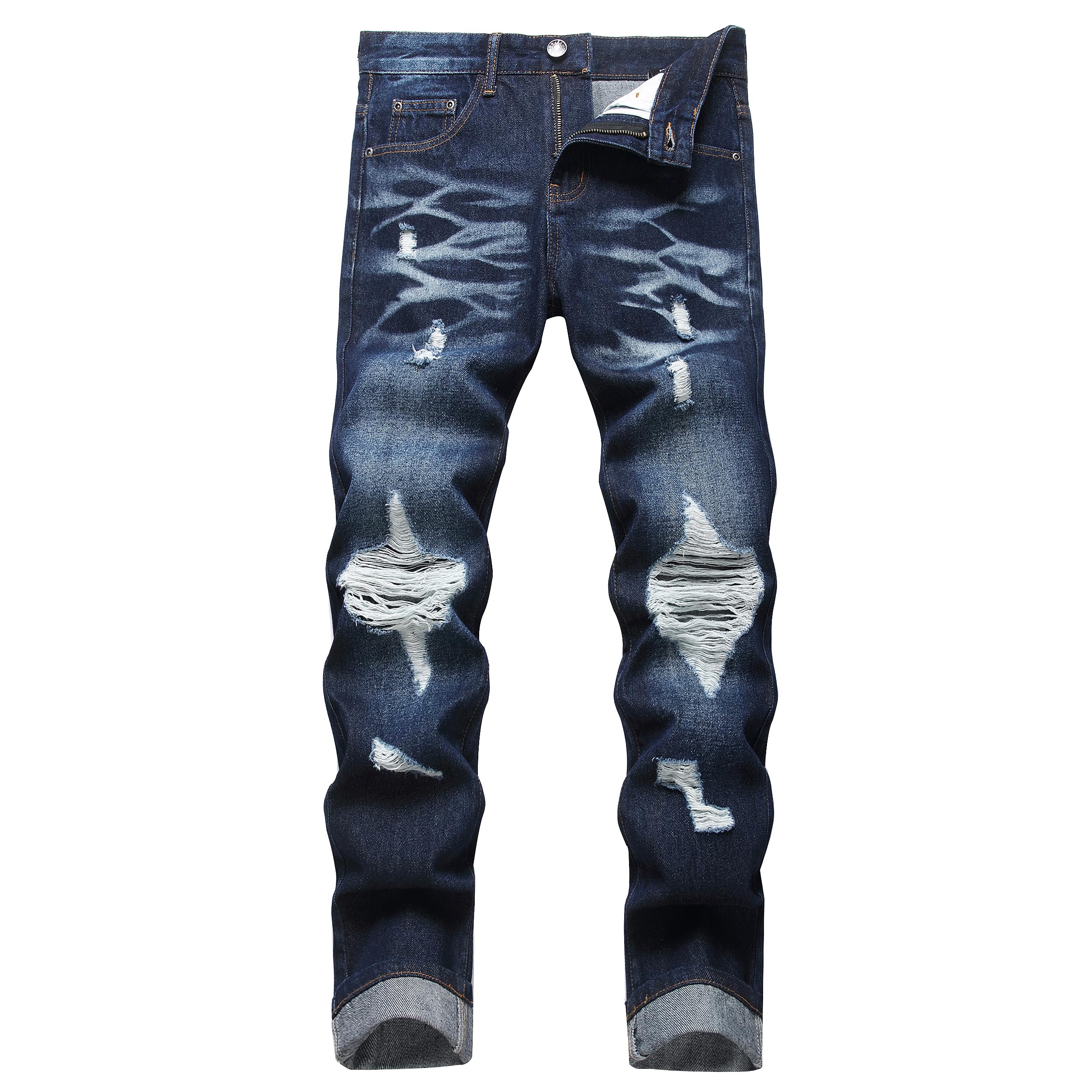 OIIIO Men's Ripped Slim Fit Straight Leg Jean Denim Pant