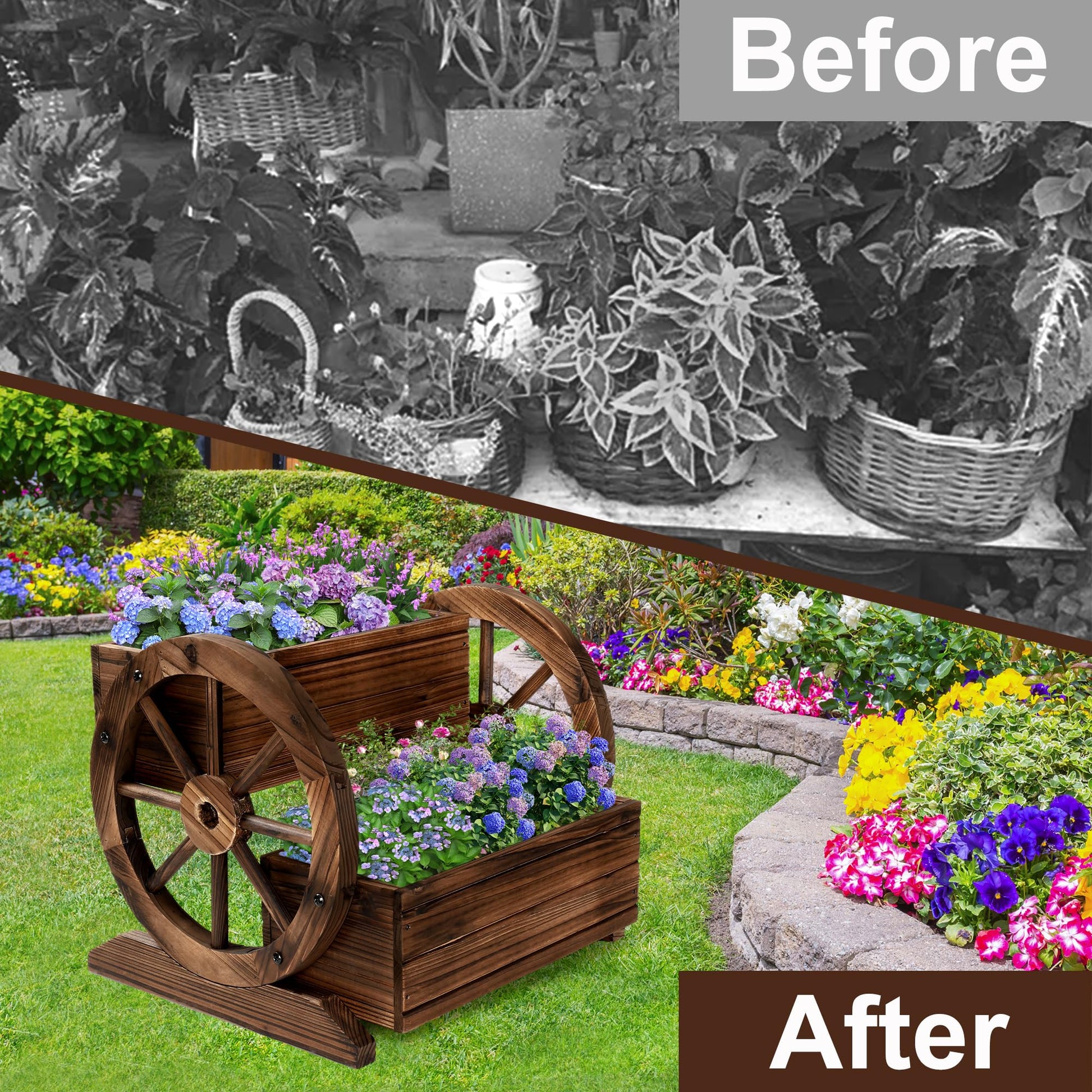 OIPRTGFJ Wooden Wagon Planter Box Garden Planter with Wheels