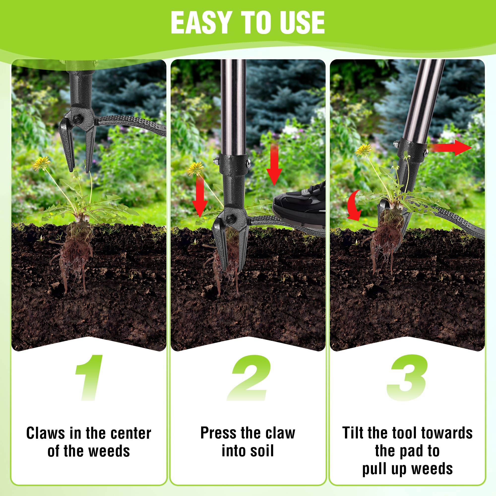 WORKPRO Weed Puller Tool with Long Adjustable Handle (33", 46"), Stand Up Heavy Duty Weed Remover- 4 Claw Steel Head & Foot Pedal for Easy Weeding, Detachable Dandelion Picker for Lawn/Yard/Garden