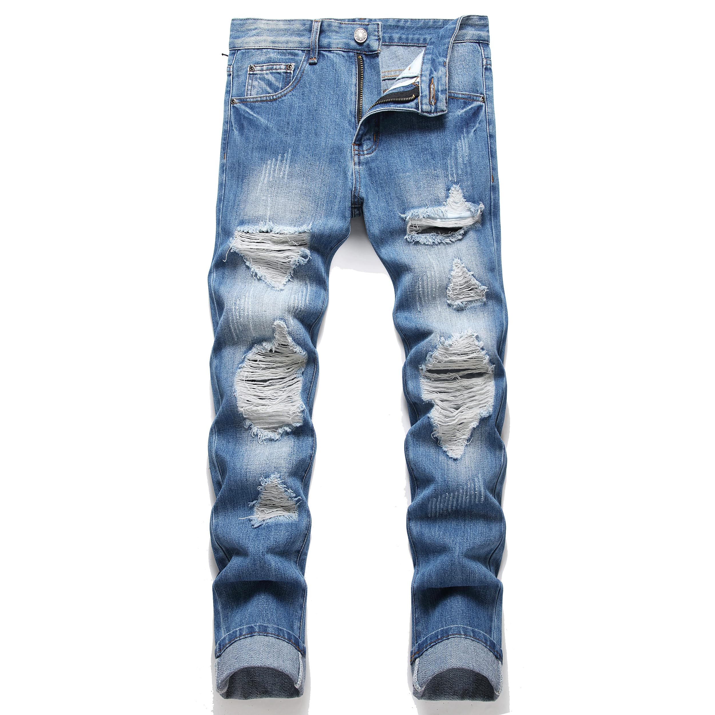 OIIIO Men's Ripped Slim Fit Straight Leg Jean Denim Pant