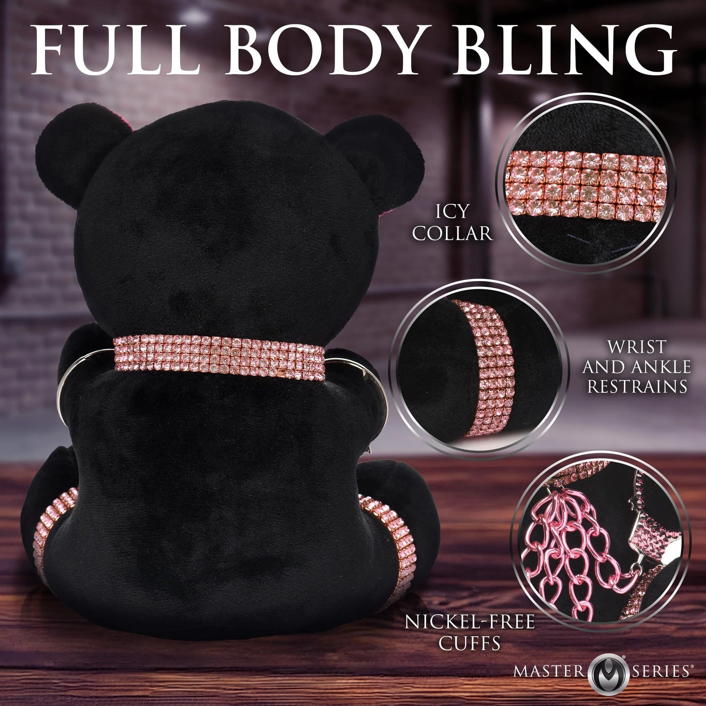 Master Series Bling Bondage Bear Plush – Bedazzled BDSM Plush Bear with Collar, Cuffs & Chains – Soft Kinky Gag Gift & Aftercare Plush for Adults