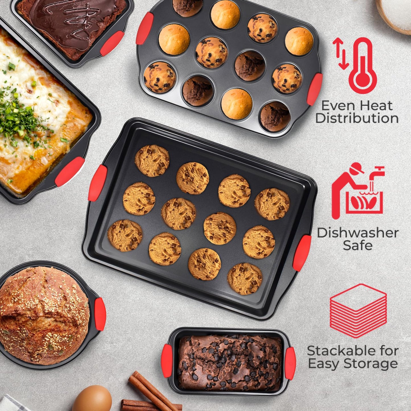 PERLLI Non-Stick Baking Pan Set, BPA-Free Carbon Steel Bakeware Set with Silicone Handles, Stackable Kitchen Oven Set, Cookie Sheet, Baking Tray, Baking Sheet Set, Oven Safe (446°F)
