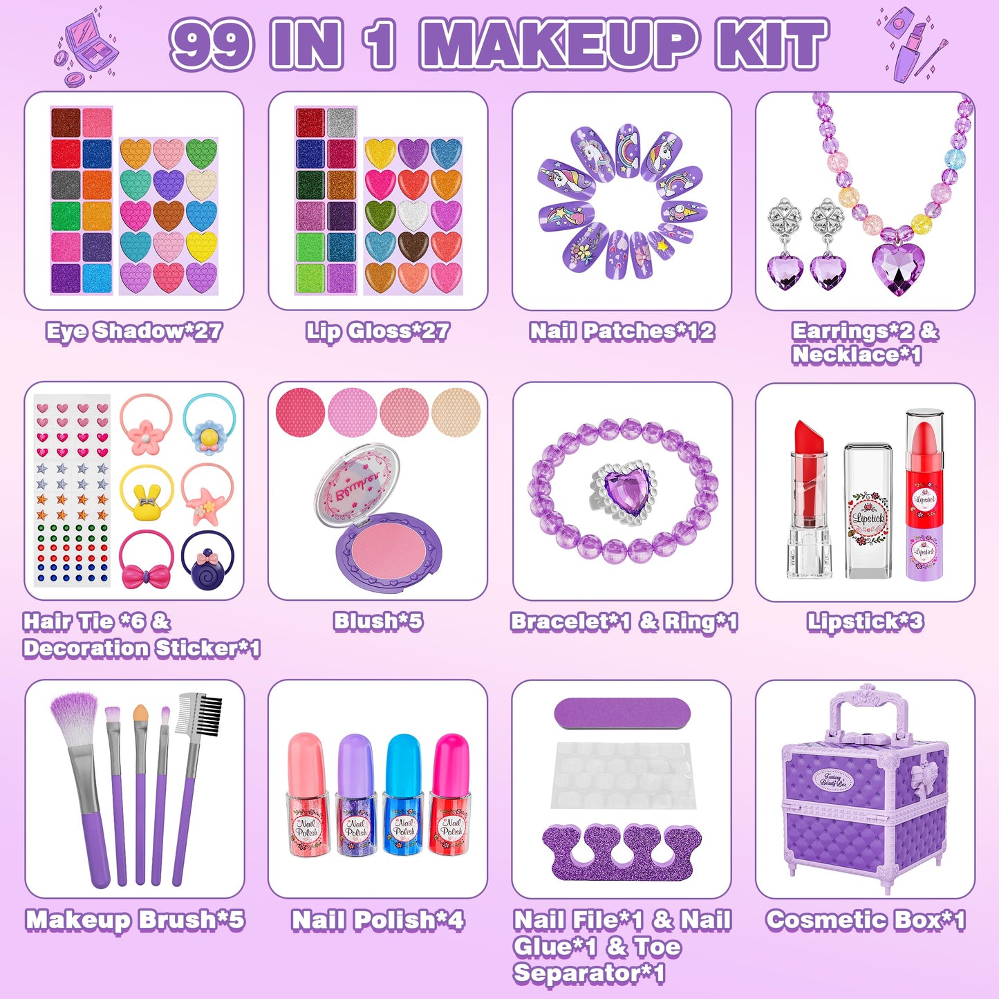99 Pcs Kids Makeup Kit for Girls, Princess Toys Real Washable Cosmetics Set with Mirror