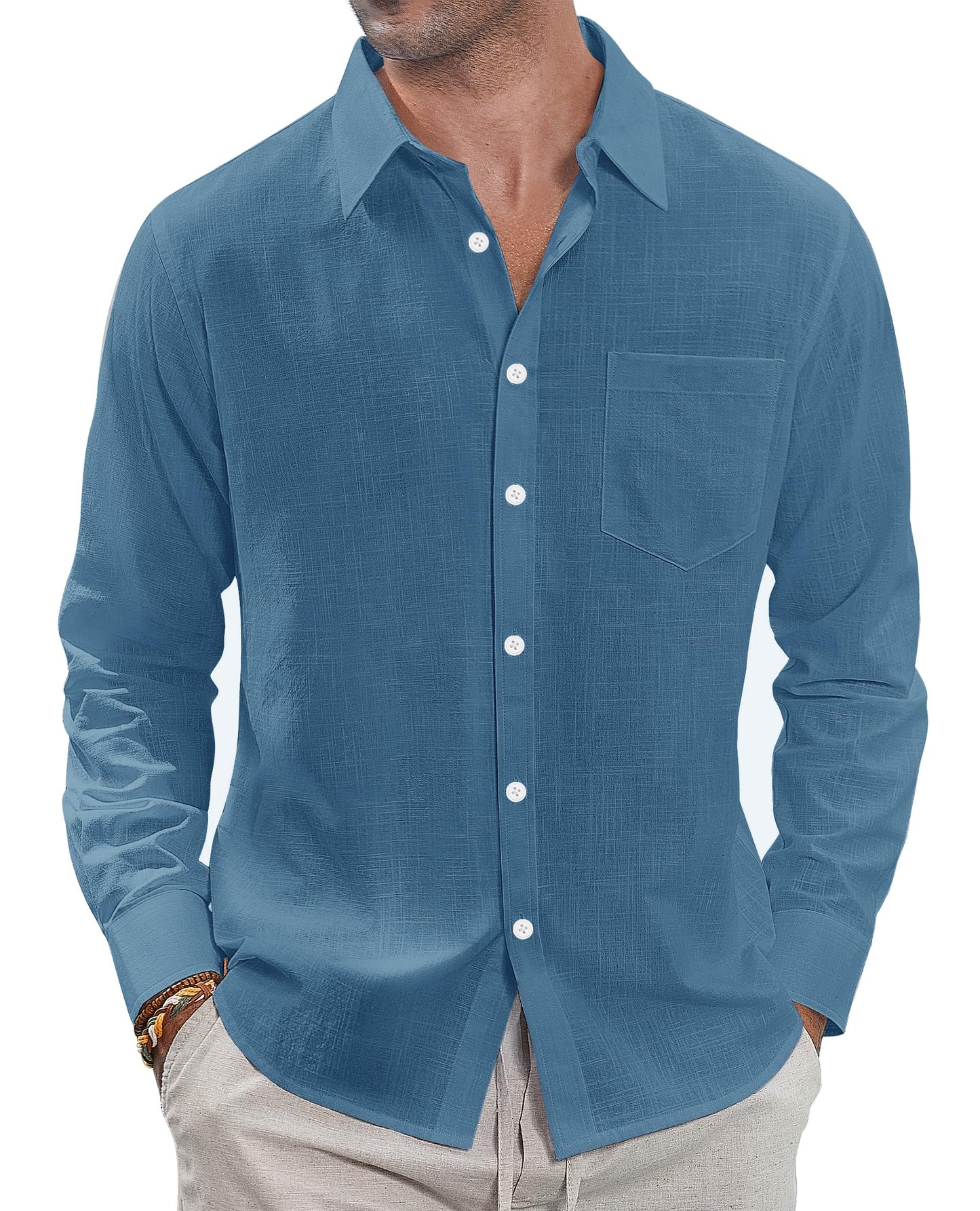 J.VER Men's Linen Shirts Casual Button Down Long Sleeve Shirt Solid Spread Collar Summer Beach Shirts with Pocket