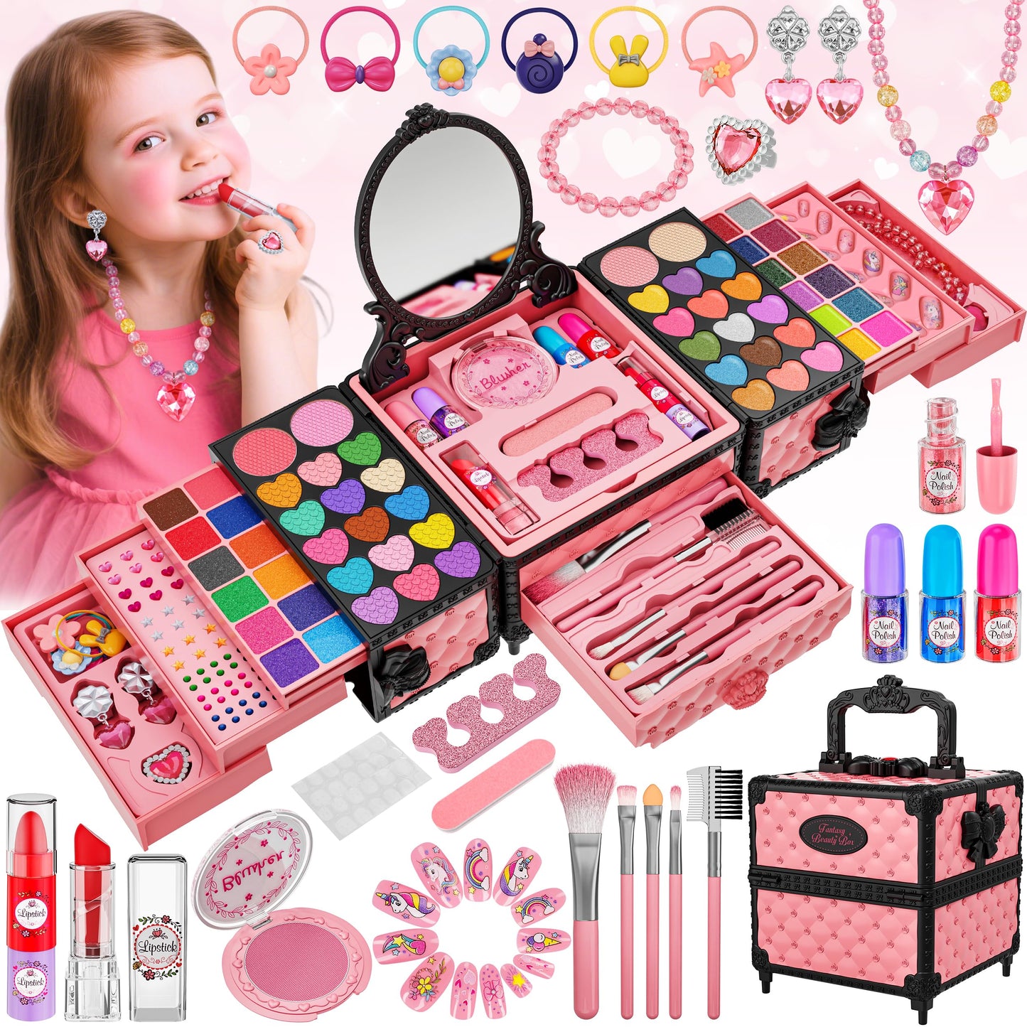 99 Pcs Kids Makeup Kit for Girls, Princess Toys Real Washable Cosmetics Set with Mirror