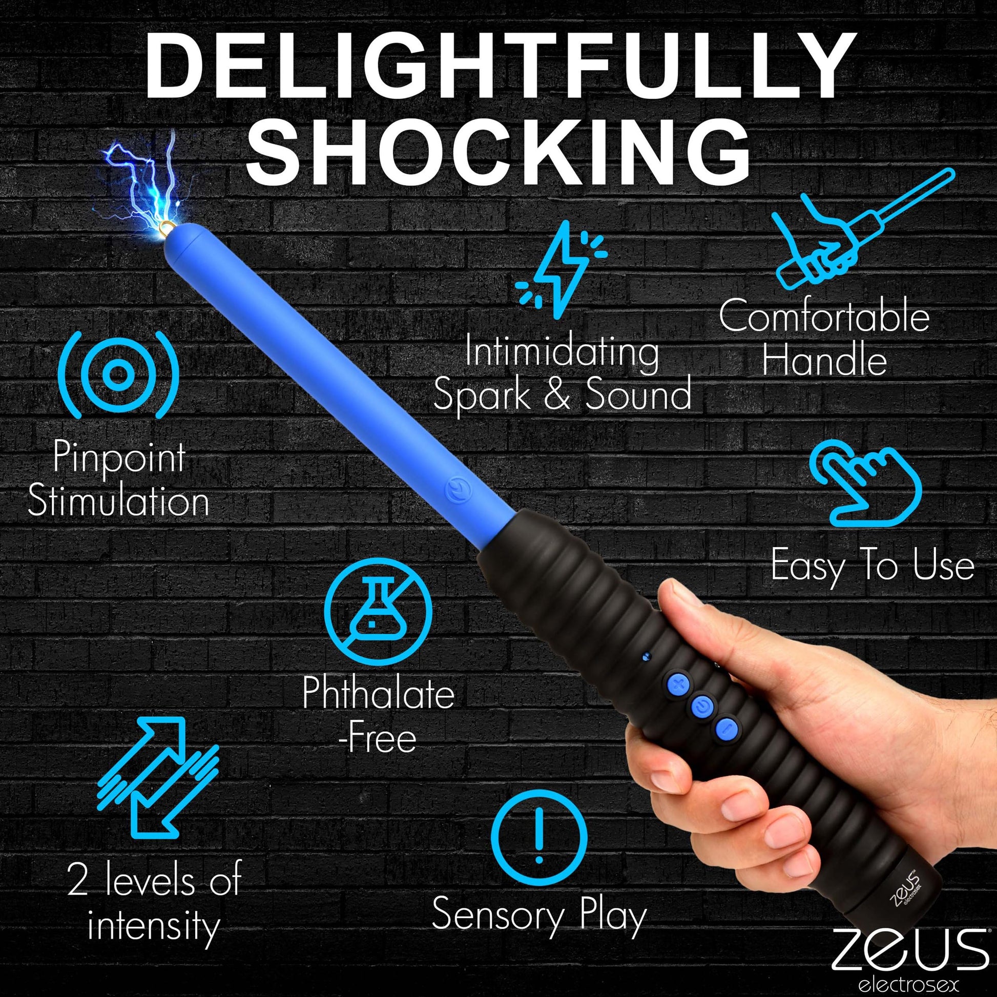 ZEUS ELECTROSEX Shock Rod E-Stim Zapping Wand for Men, Women, & Couples. Two Level of Pinpoint Shock, Easy Grip Handle, Sensory Play, 1 Piece, Blue.