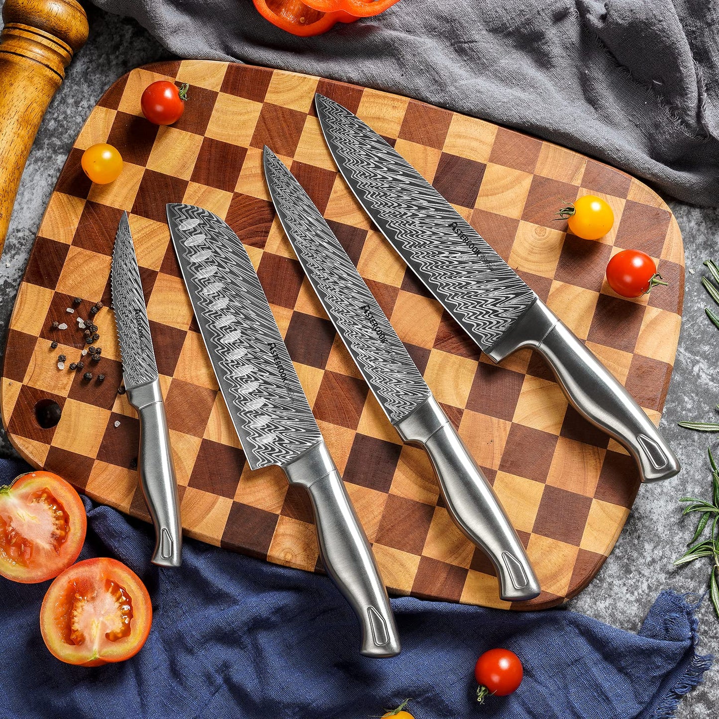 Astercook Knife Set, Kitchen Knife Set with Block, Built-in Knife Sharpener, German Stainless Steel Knife Block Set