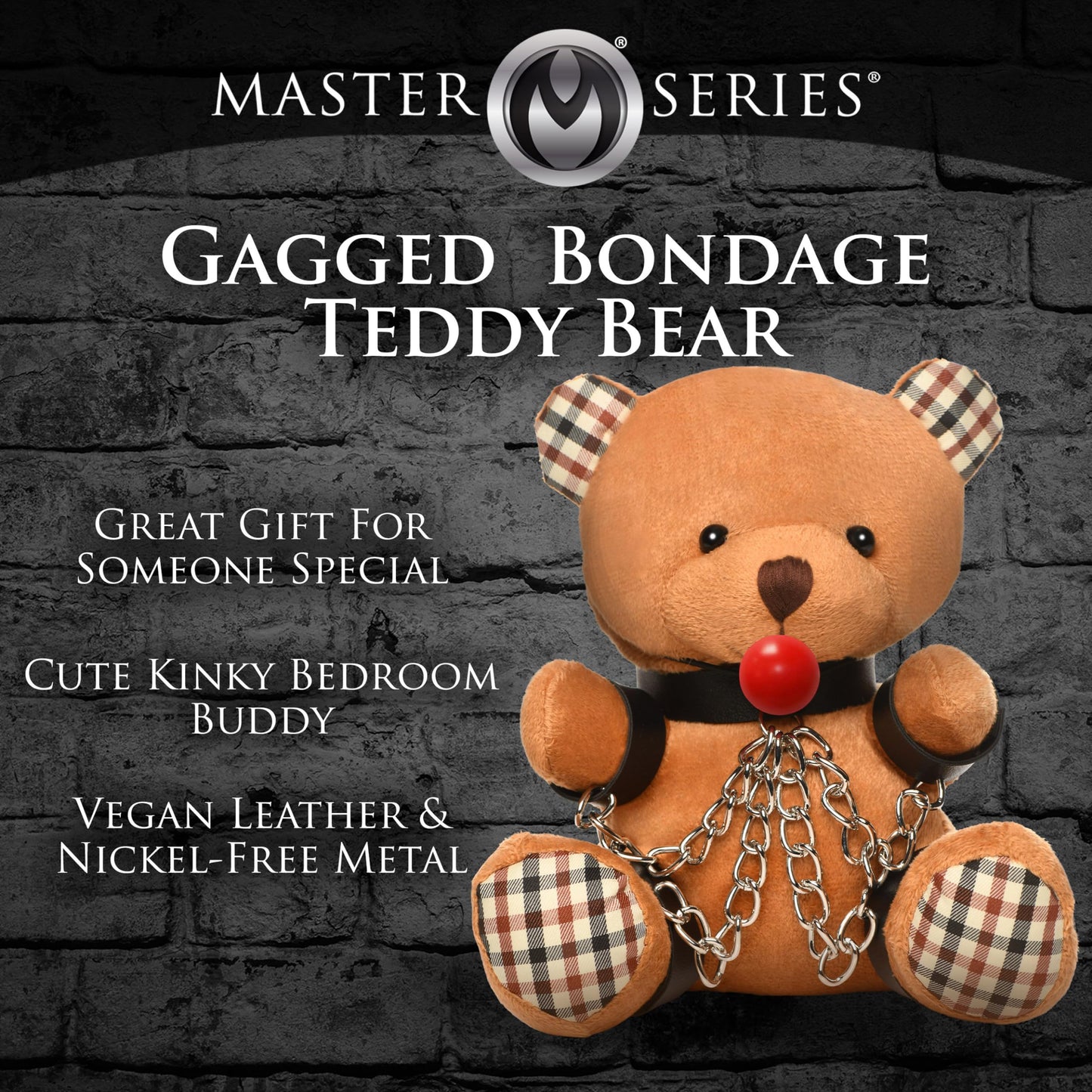 MASTER SERIES Gagged Bondage Bear for Men, Women & Couples. Soft, BDSM Themed Teddy Bear Stuffed Animal Medium. Cute and Sexy Gift. 1 Piece, Beige and Black.