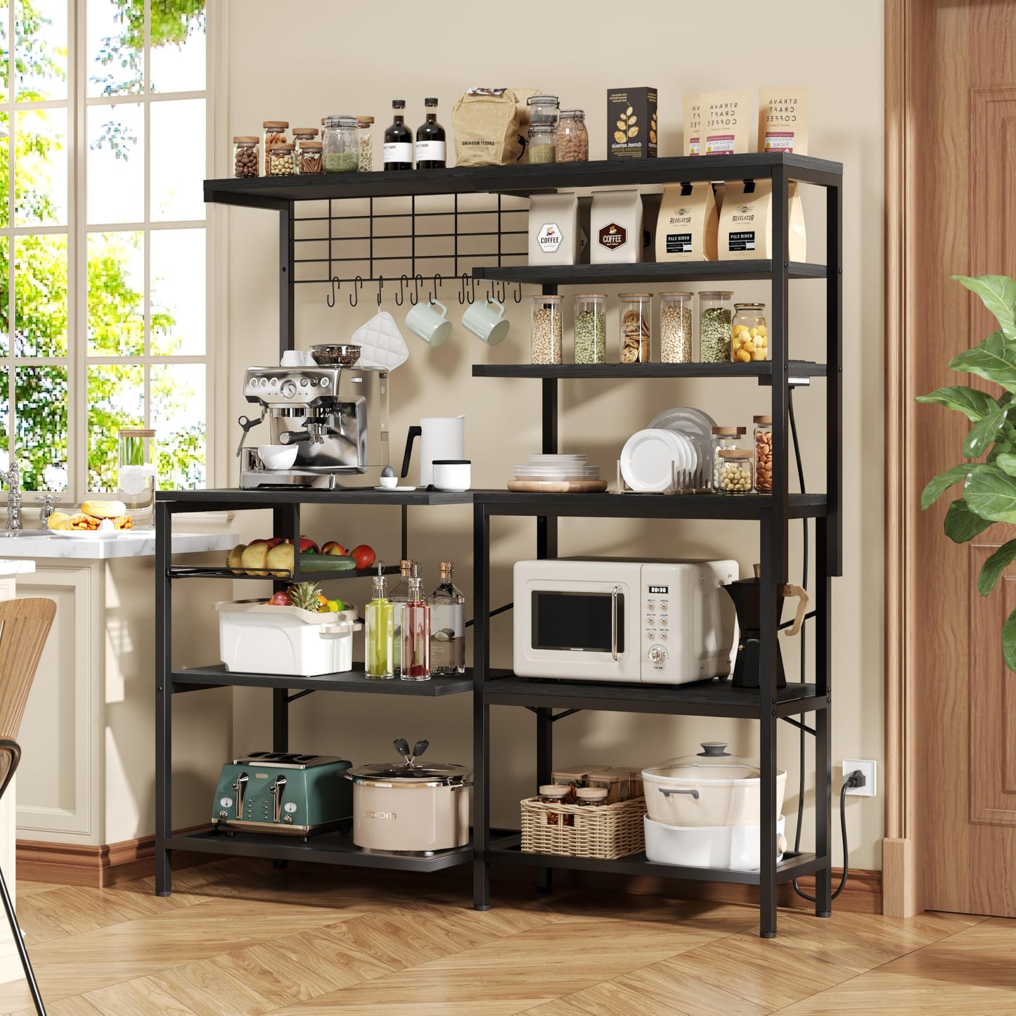 iabifo L-Shaped Bakers Rack with Power Outlet, 6-Tier Microwave Stand with Open Storage, Kitchen Shelf with Hooks,Coffee Bar for Living Room