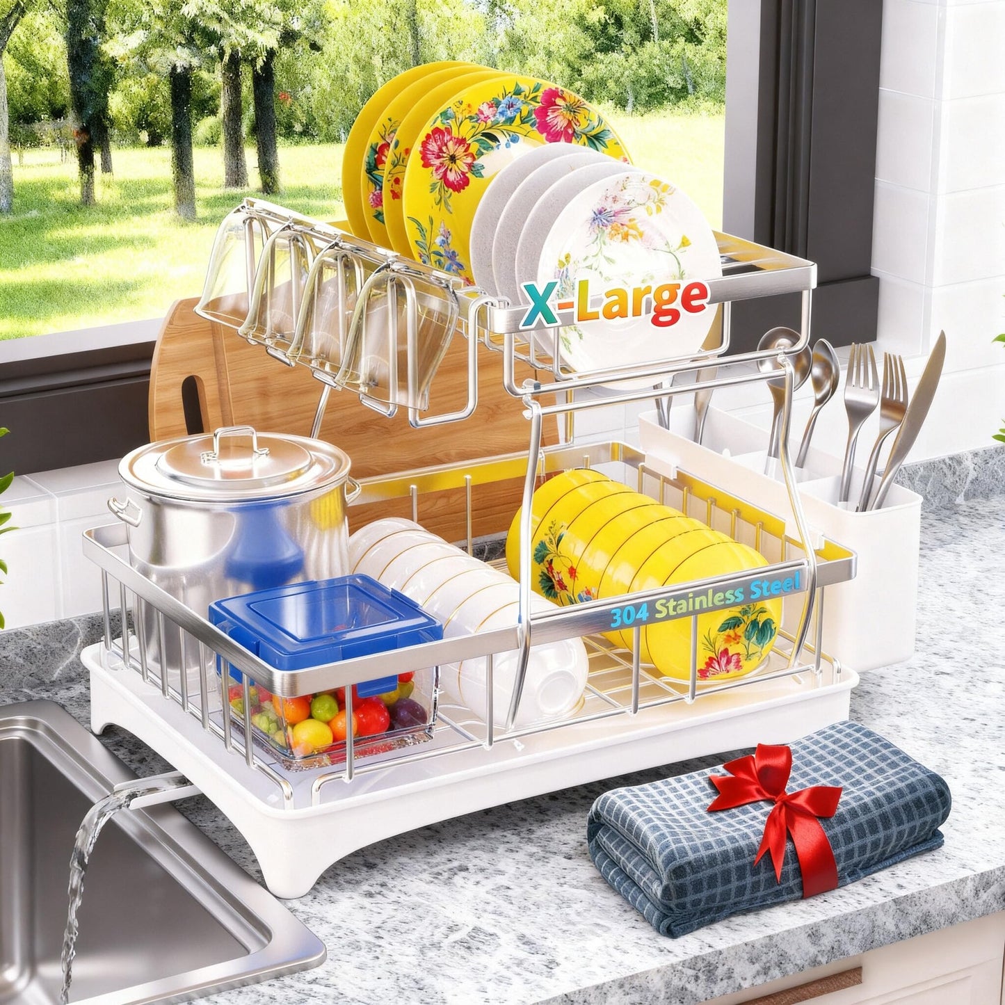 Godboat Dish Drying Rack, Dish Rack with Auto-Drain & Mat，2-Tier and 1-Tier, Black