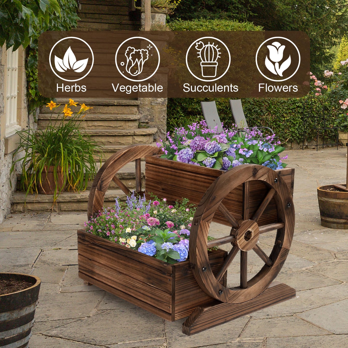 OIPRTGFJ Wooden Wagon Planter Box Garden Planter with Wheels