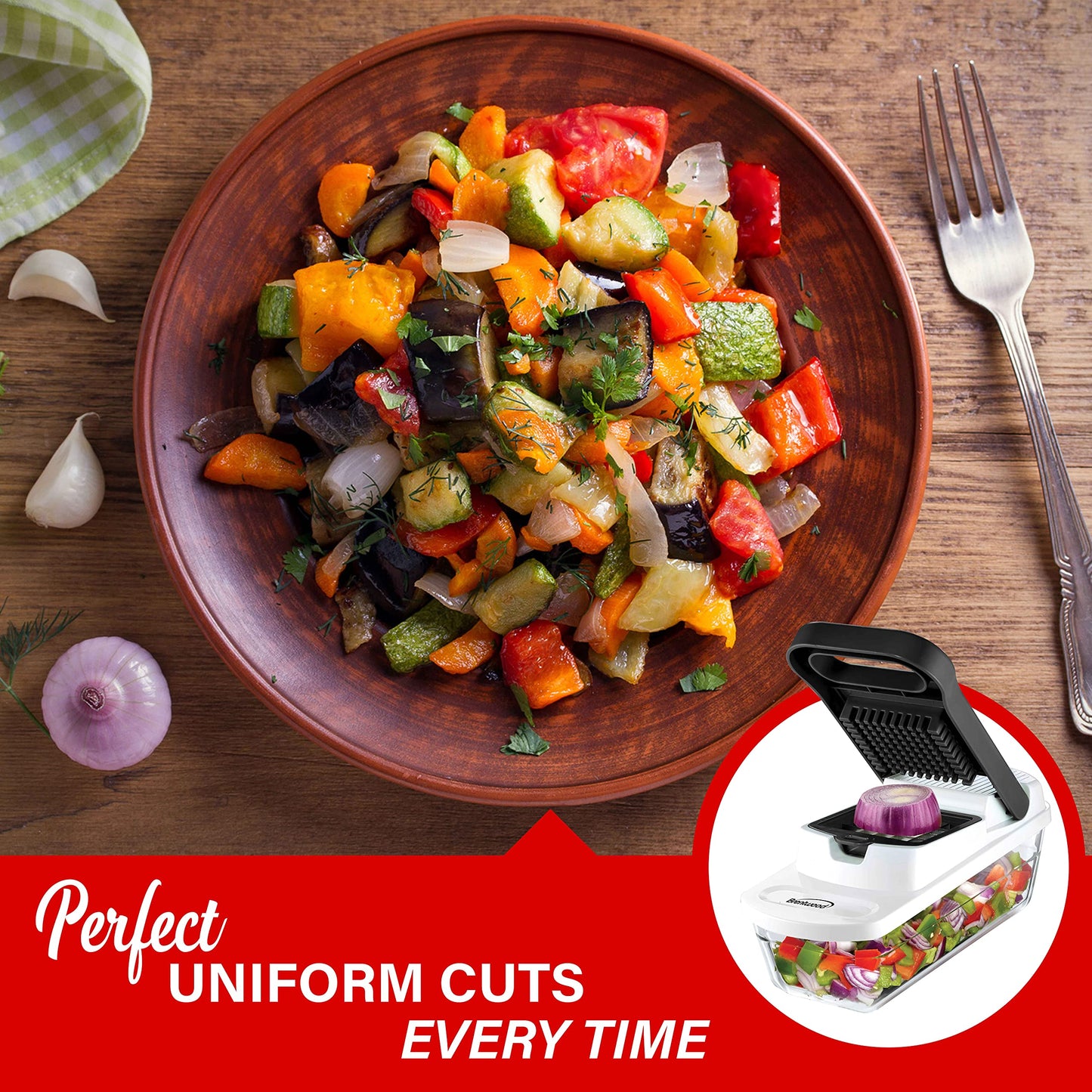 Brentwood Food Chopper and Vegetable Dicer with Storage Container and Stainless Steel Blades