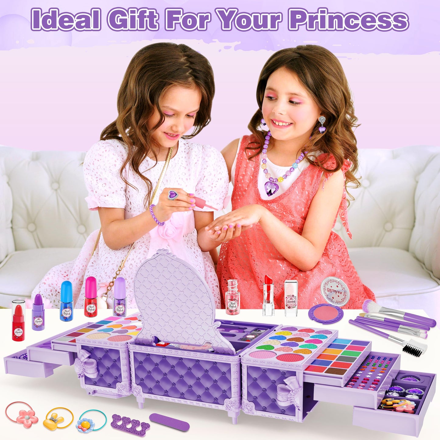 99 Pcs Kids Makeup Kit for Girls, Princess Toys Real Washable Cosmetics Set with Mirror