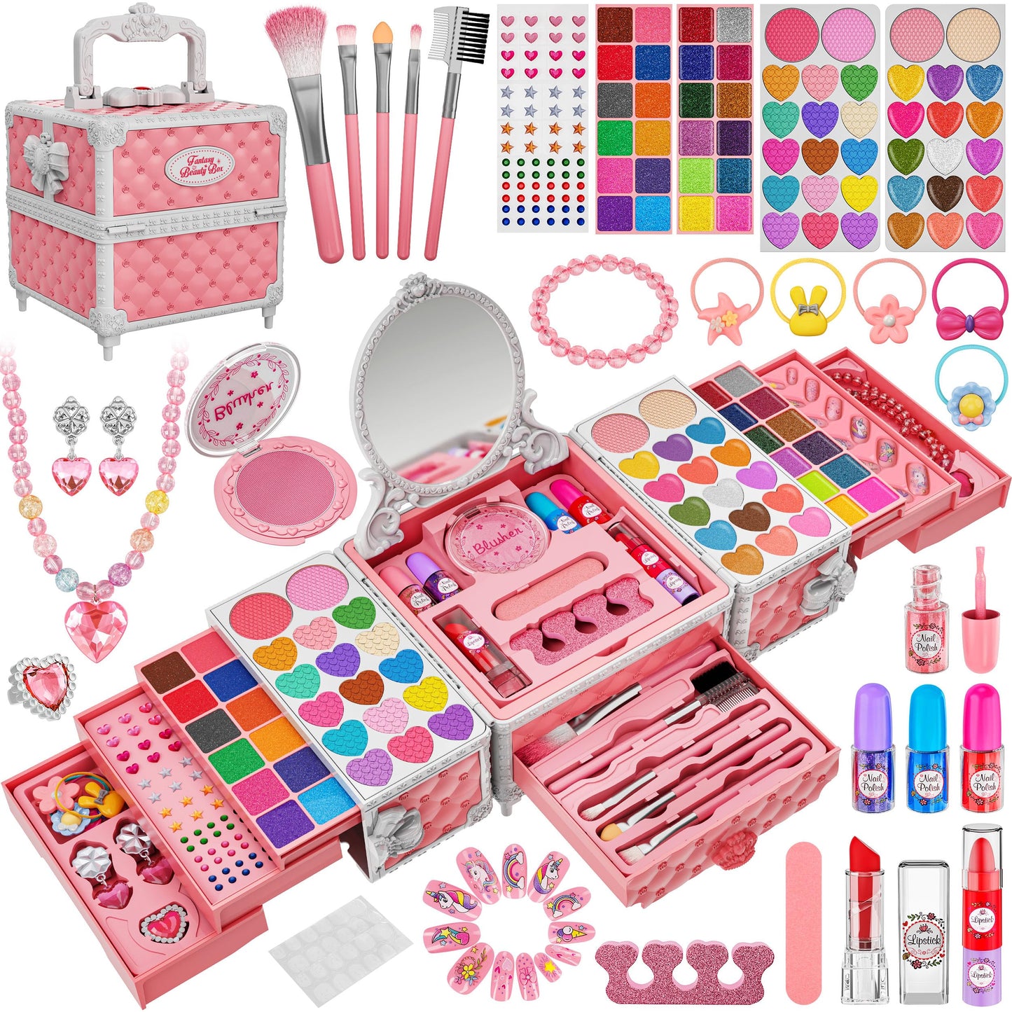 99 Pcs Kids Makeup Kit for Girls, Princess Toys Real Washable Cosmetics Set with Mirror