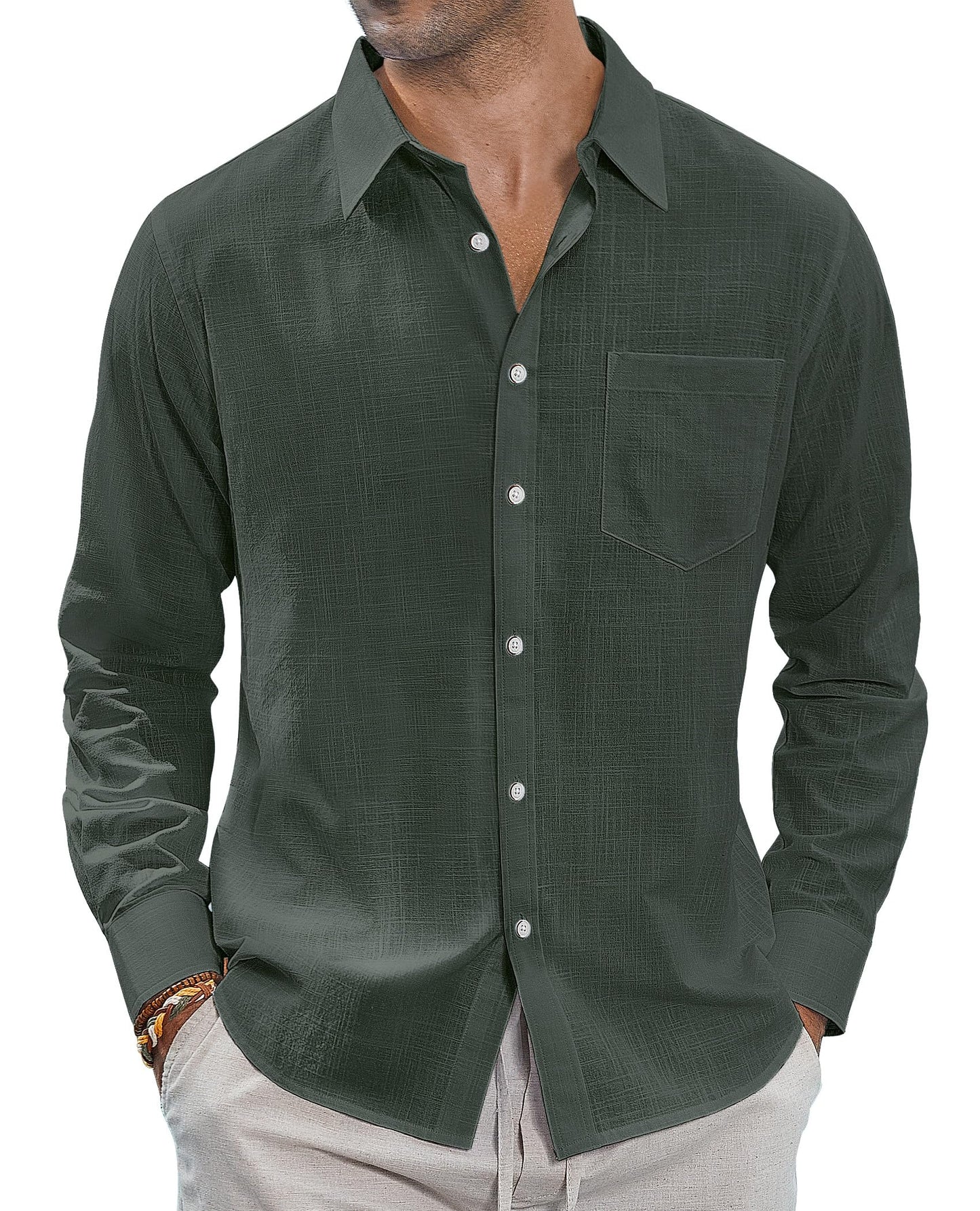 J.VER Men's Linen Shirts Casual Button Down Long Sleeve Shirt Solid Spread Collar Summer Beach Shirts with Pocket