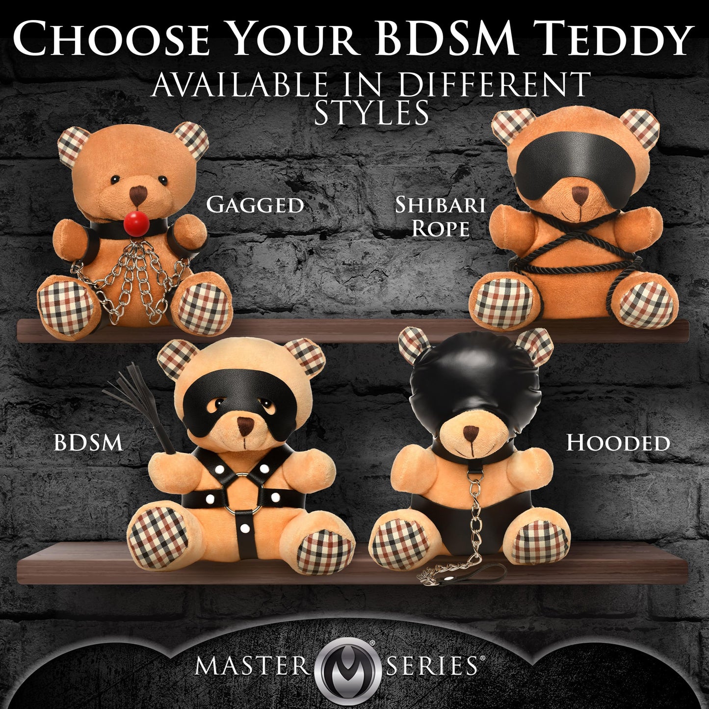 MASTER SERIES Gagged Bondage Bear for Men, Women & Couples. Soft, BDSM Themed Teddy Bear Stuffed Animal Medium. Cute and Sexy Gift. 1 Piece, Beige and Black.