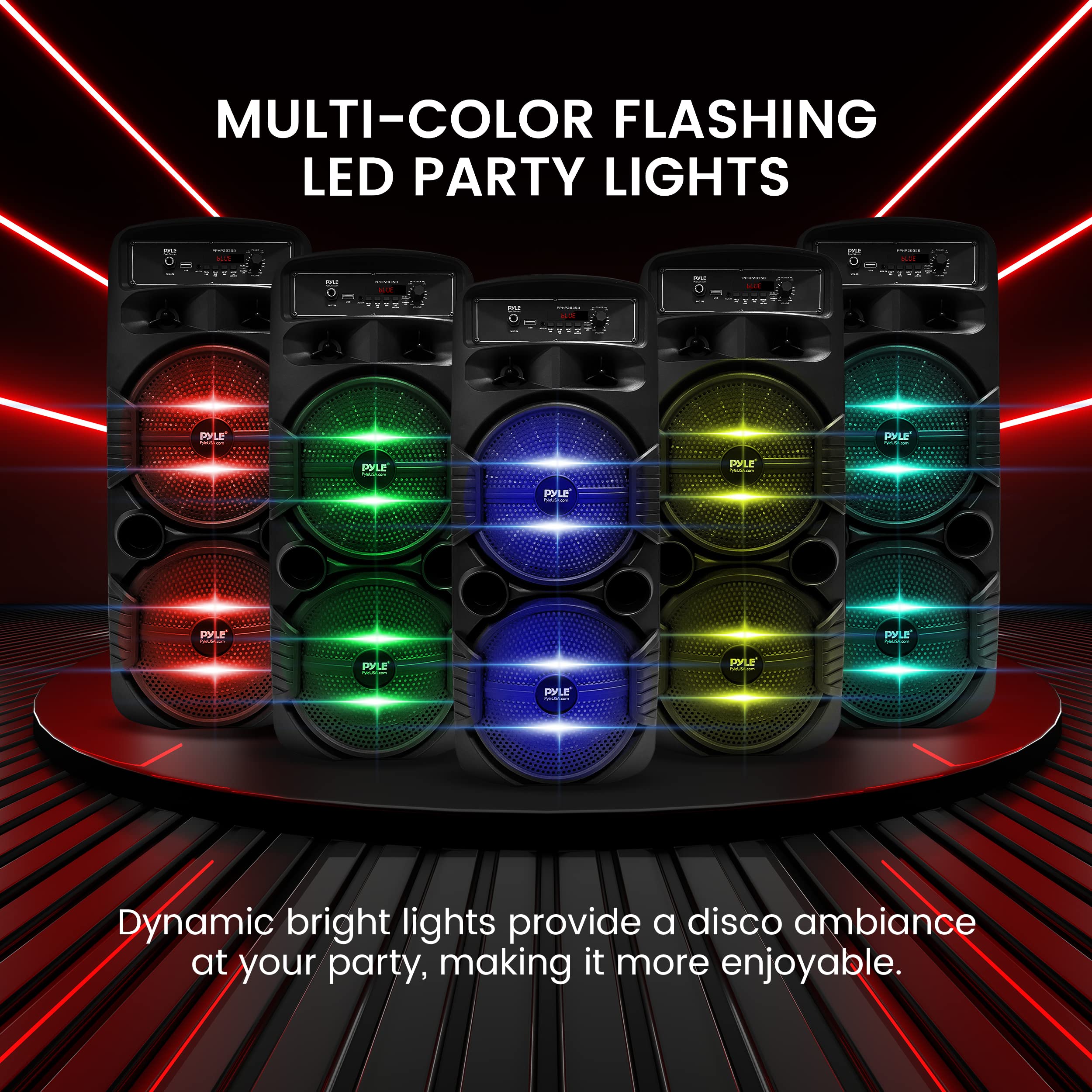Pyle Portable Bluetooth PA Speaker System - 600W Rechargeable Outdoor Bluetooth Speaker Portable PA System w/Dual 8” Subwoofer 1” Tweeter, Microphone in, Party Lights, USB, Radio, Remote - PPHP2835B