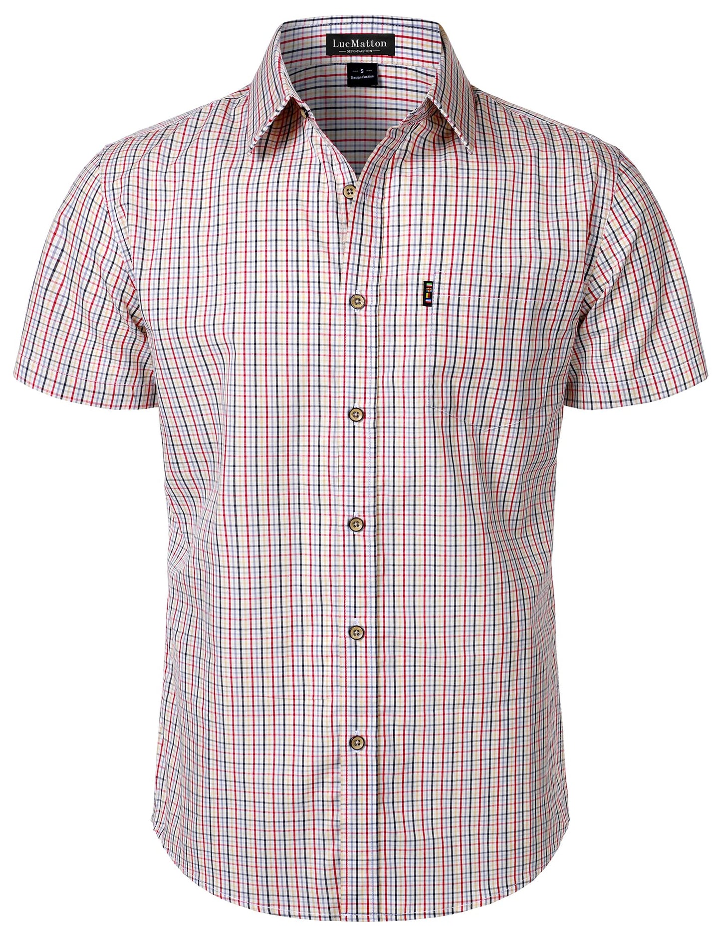 LucMatton Men's Gingham Short Sleeve Button Down Shirt Cotton Regular Fit Plaid Dress Shirts with Pocket