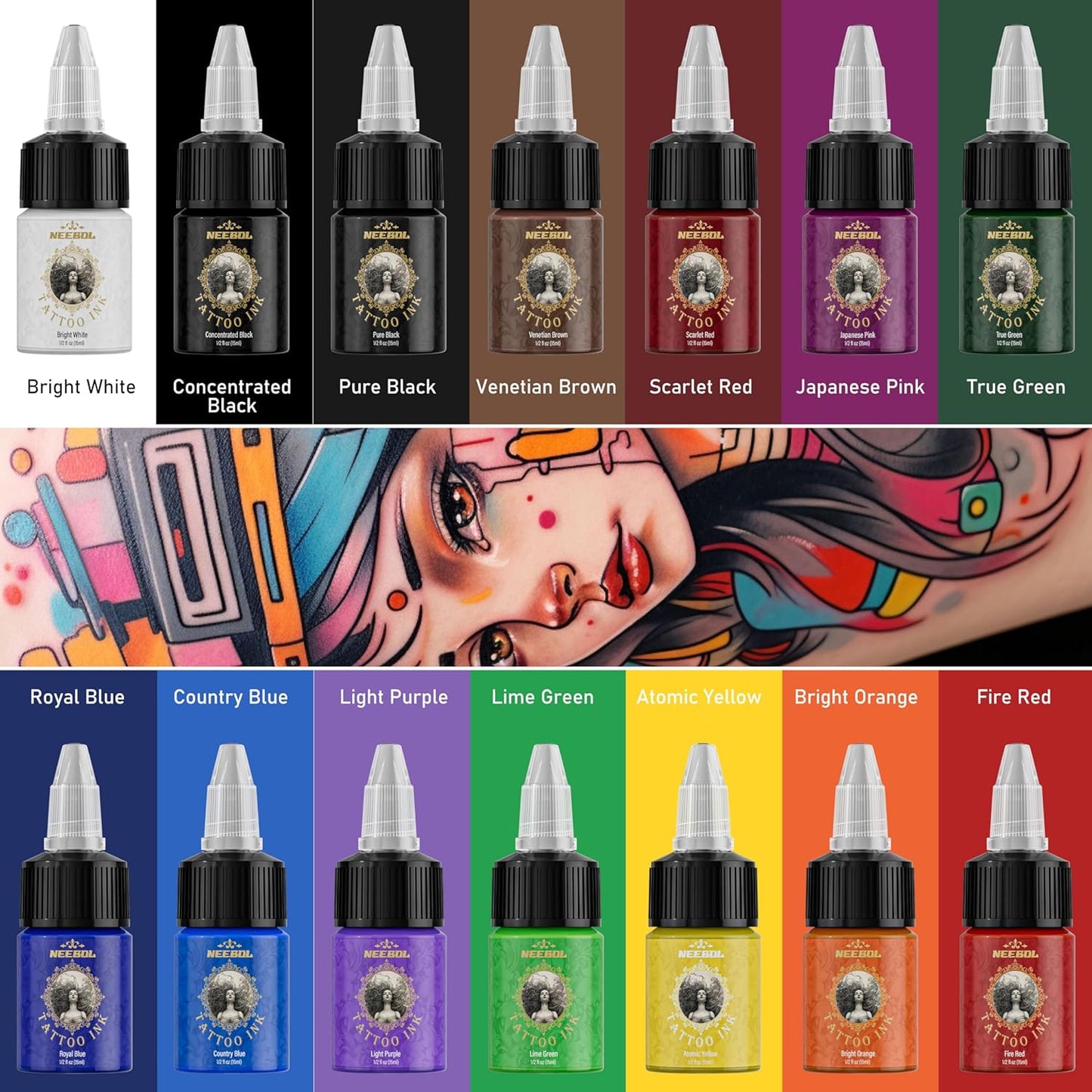 Neebol Tattoo Ink Set 14 Colors Professional Pigment 0.5 fl oz