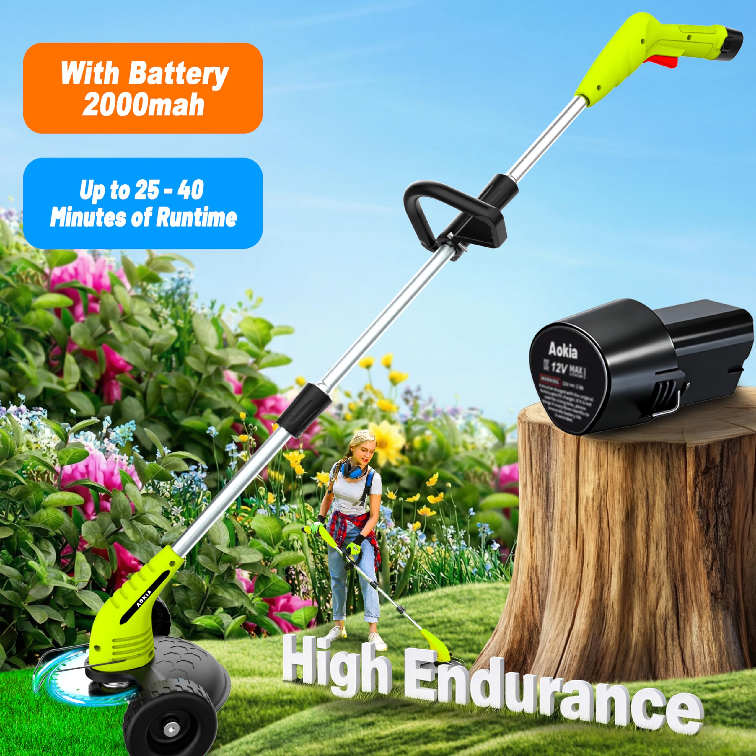 Aokia Electric Weed Wacker Cordless, 12V Battery Powered Weed Eater Cordless with Adjustable Pole (65inch), Lightweight Grass Trimmer Cutter/Edger/Mower with 2 Types Blade for Yard Lawn and Garden
