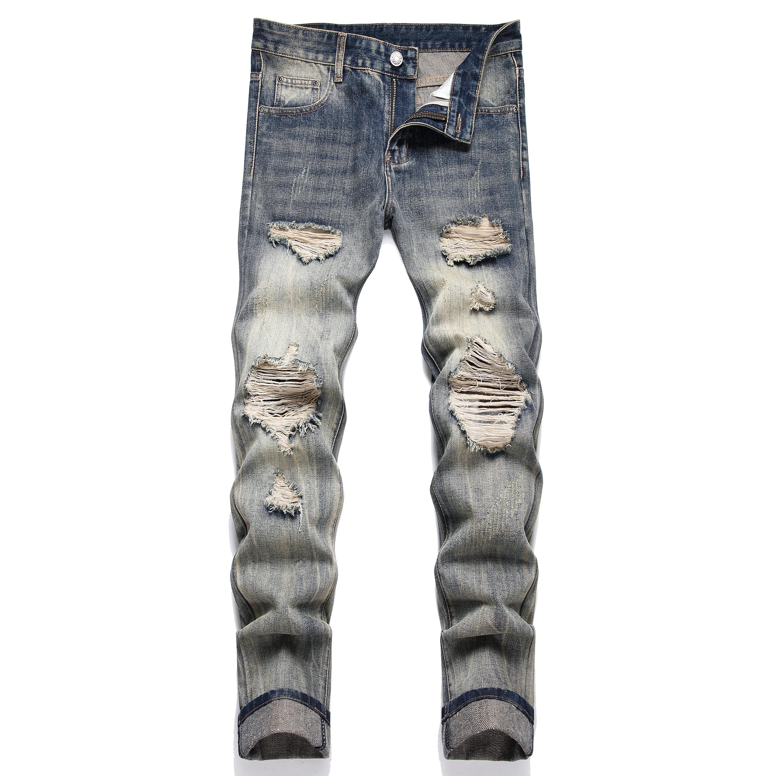 OIIIO Men's Ripped Slim Fit Straight Leg Jean Denim Pant