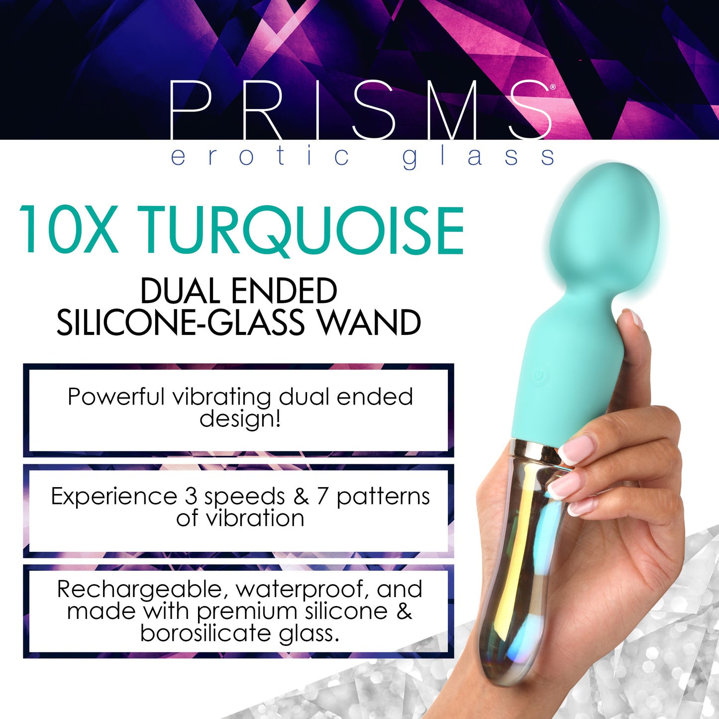 Prisms Erotic Glass 10X Wand Massager Turquoise Dual Ended