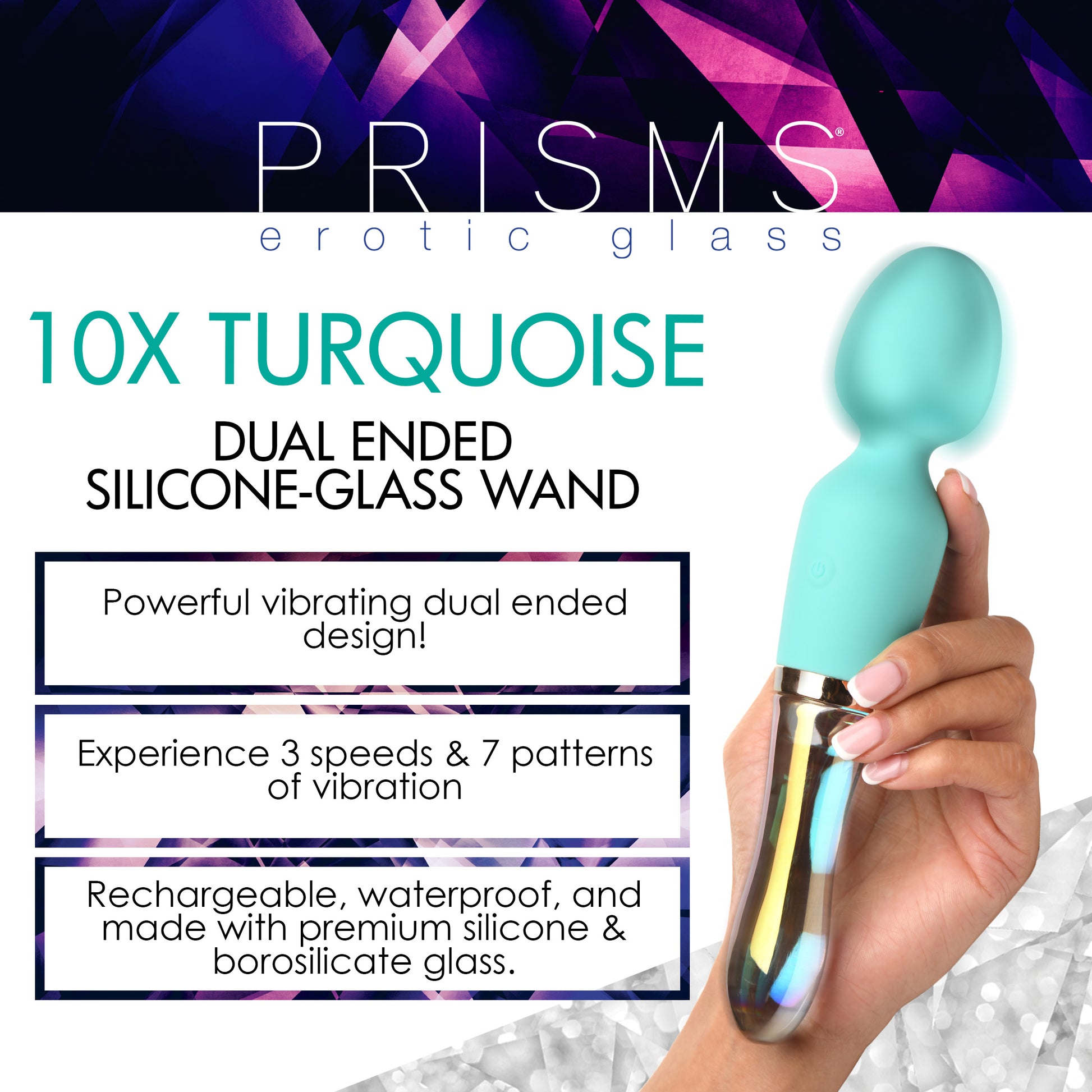 Prisms Erotic Glass 10X Wand Massager Turquoise Dual Ended