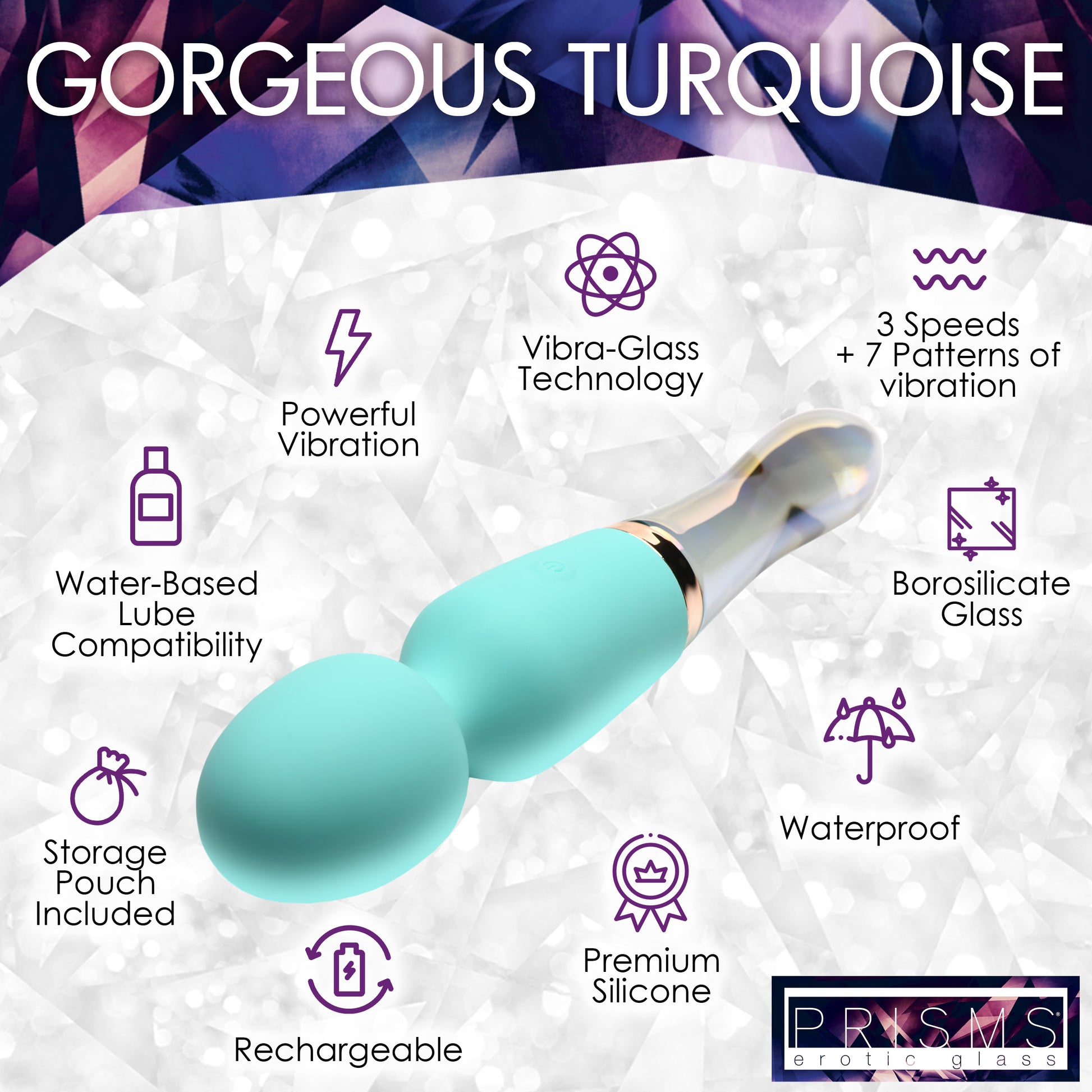 Prisms Erotic Glass 10X Wand Massager Turquoise Dual Ended
