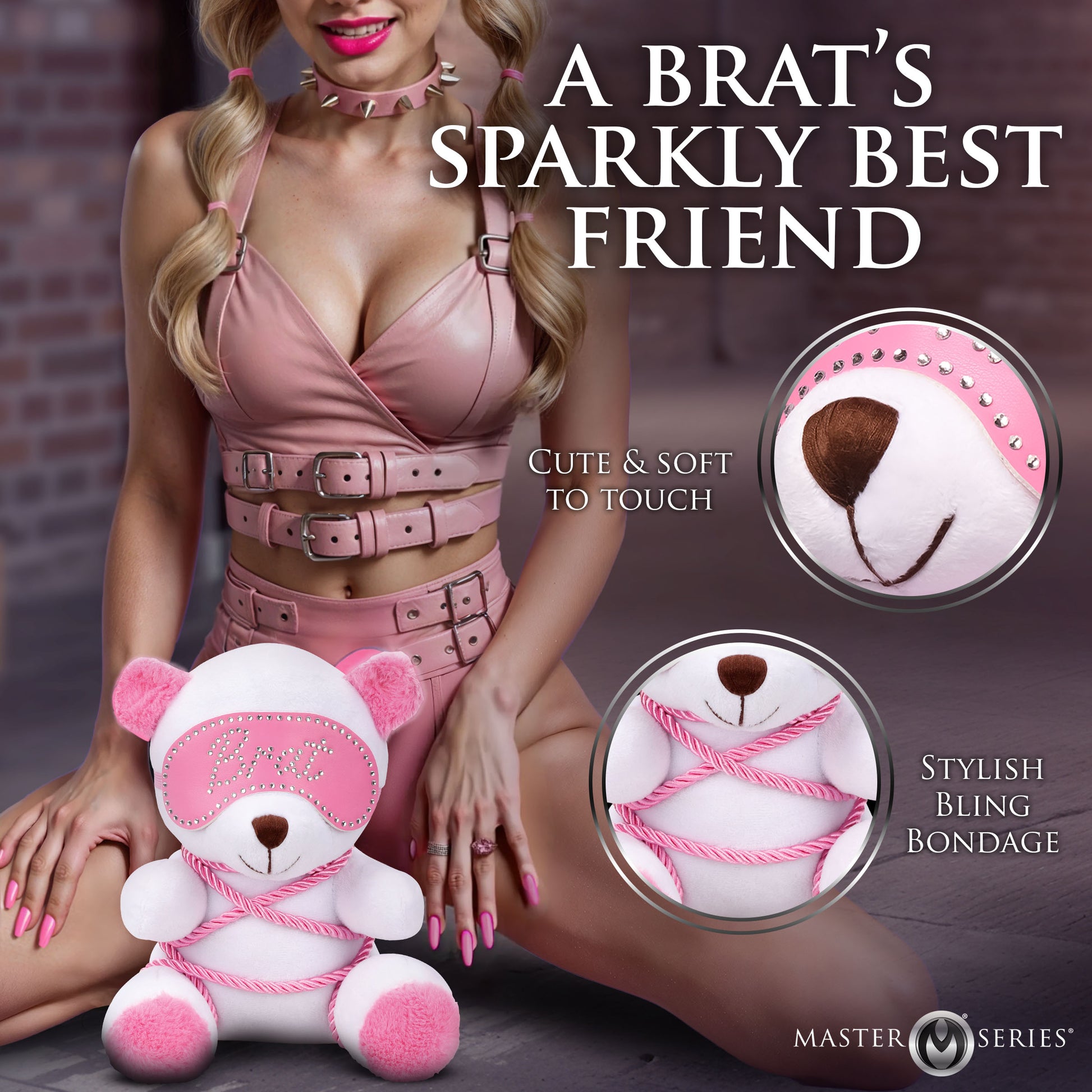 Master Series Brat Bondage Bear Plush With Pink Rope Blindfold