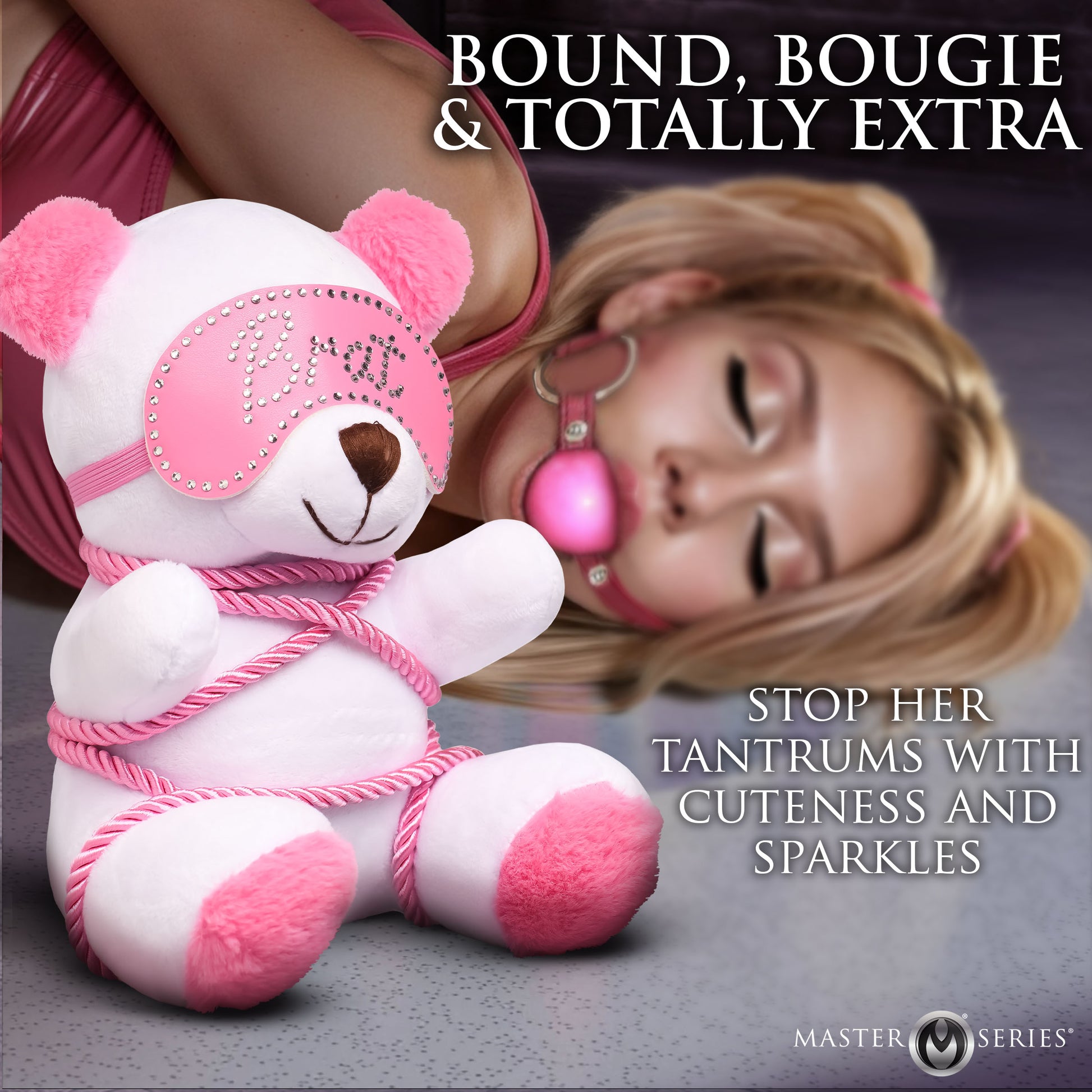 Master Series Brat Bondage Bear Plush With Pink Rope Blindfold