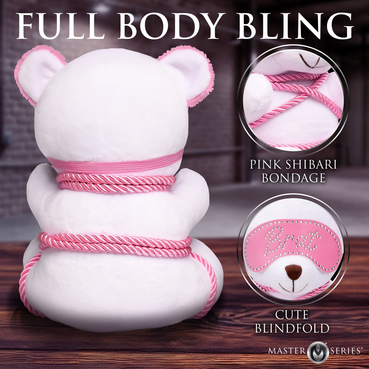 Master Series Brat Bondage Bear Plush With Pink Rope Blindfold