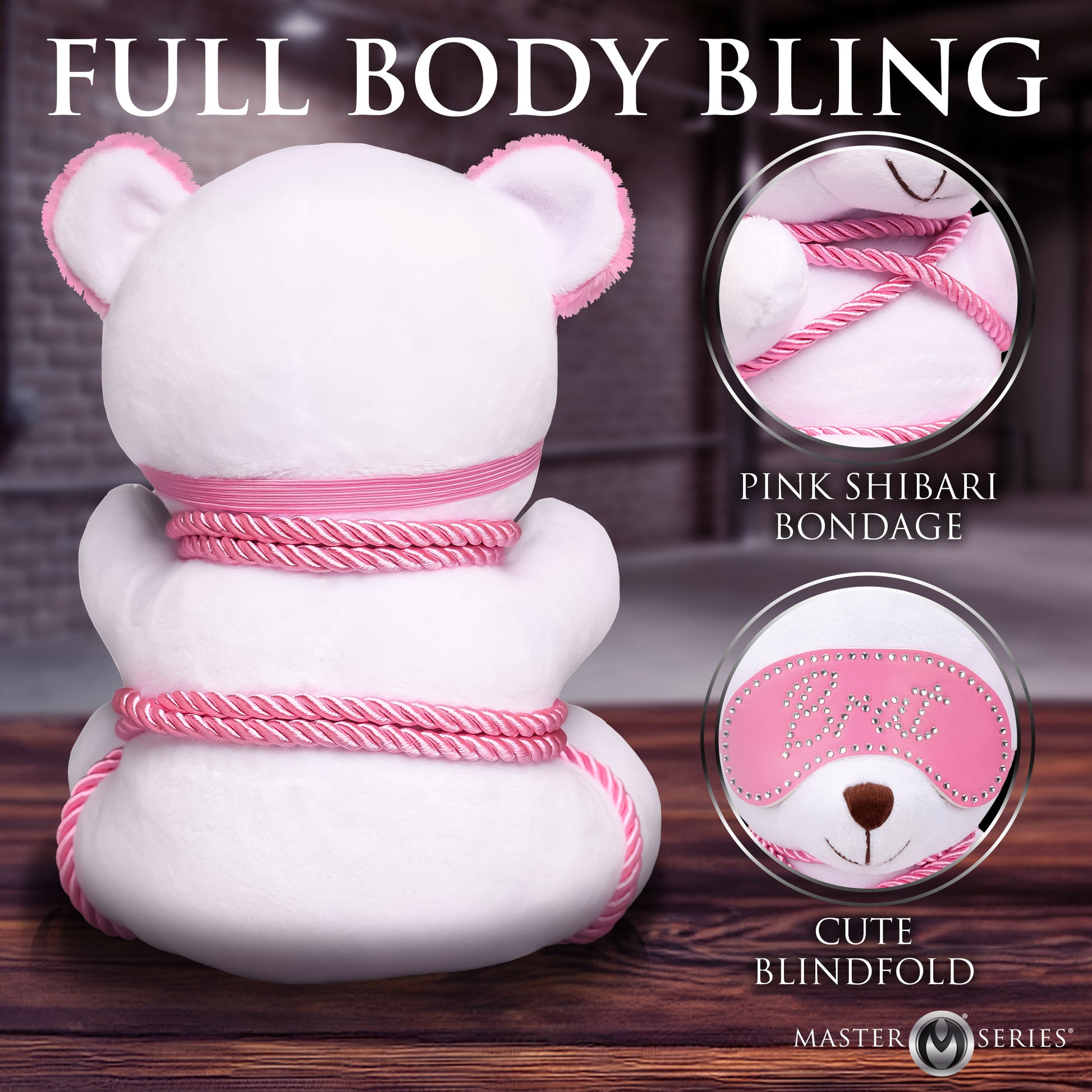 Master Series Brat Bondage Bear Plush With Pink Rope Blindfold