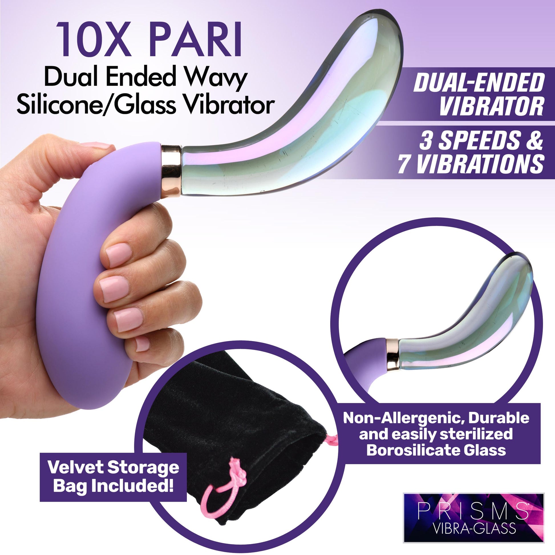 10X Pari Dual Ended Silicone Glass Vibrator for Ultimate Pleasure