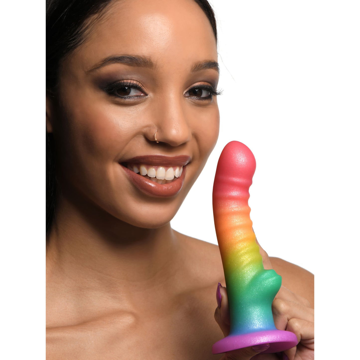Simply Sweet Ribbed Rainbow Silicone Dildo 6.6 inch