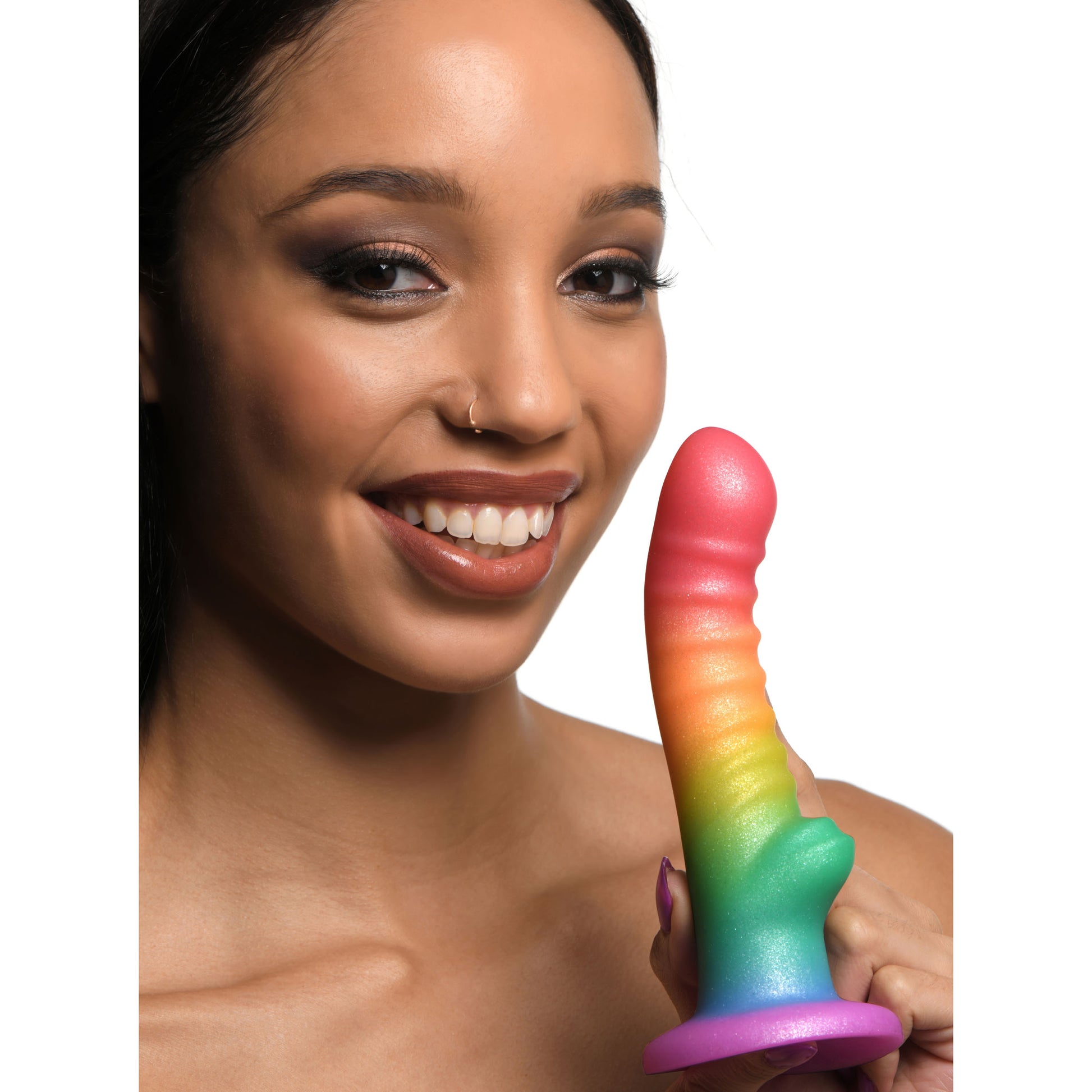 Simply Sweet Ribbed Rainbow Silicone Dildo 6.6 inch