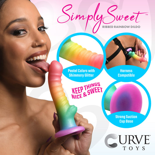 Simply Sweet Ribbed Rainbow Silicone Dildo 6.6 inch